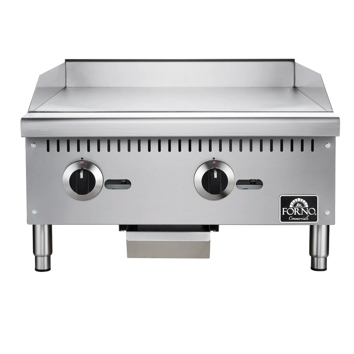 24-inch stainless steel gas griddle, front view with two burners control knobs and vents