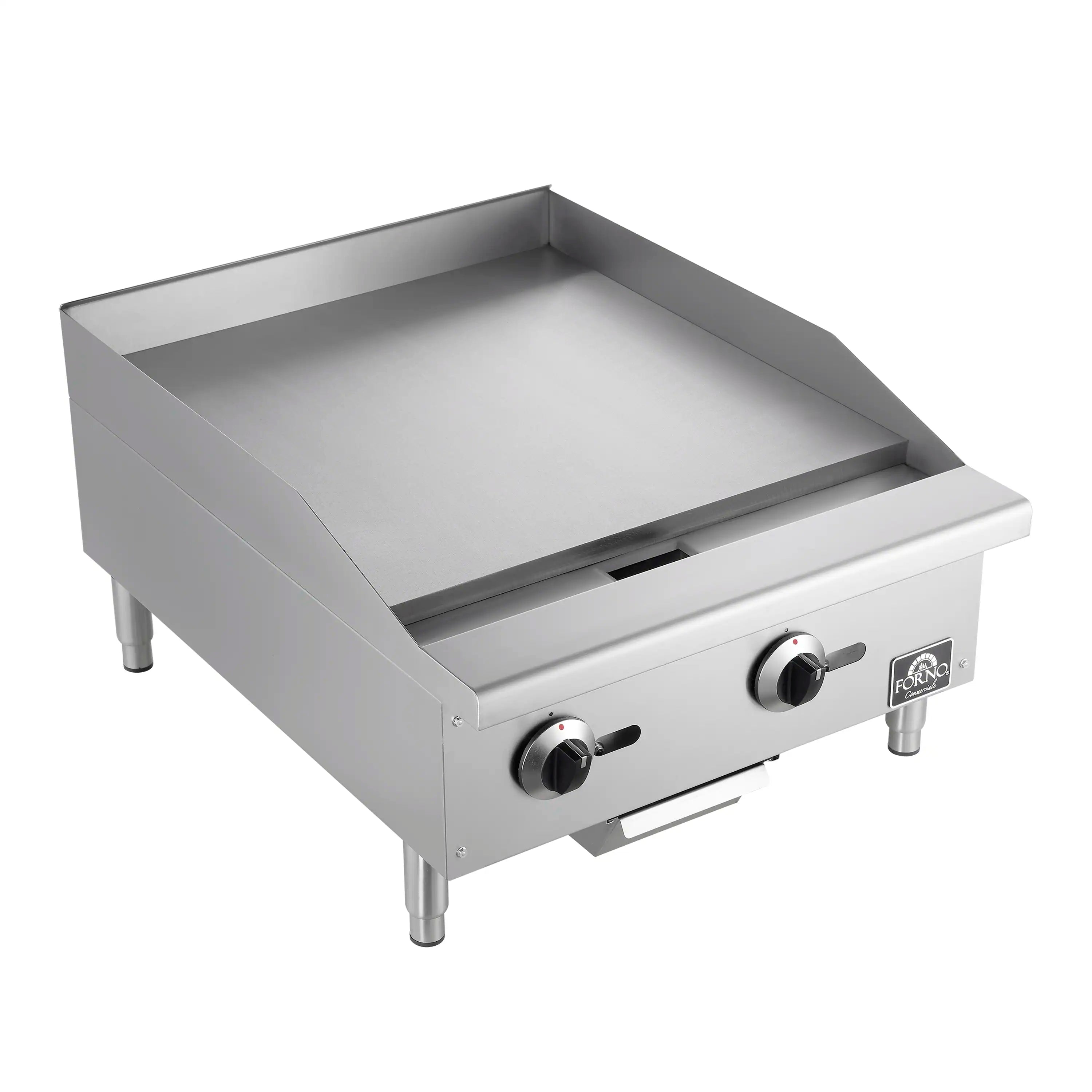 Stainless steel 24-inch gas griddle, angled view with front knobs and warming surface