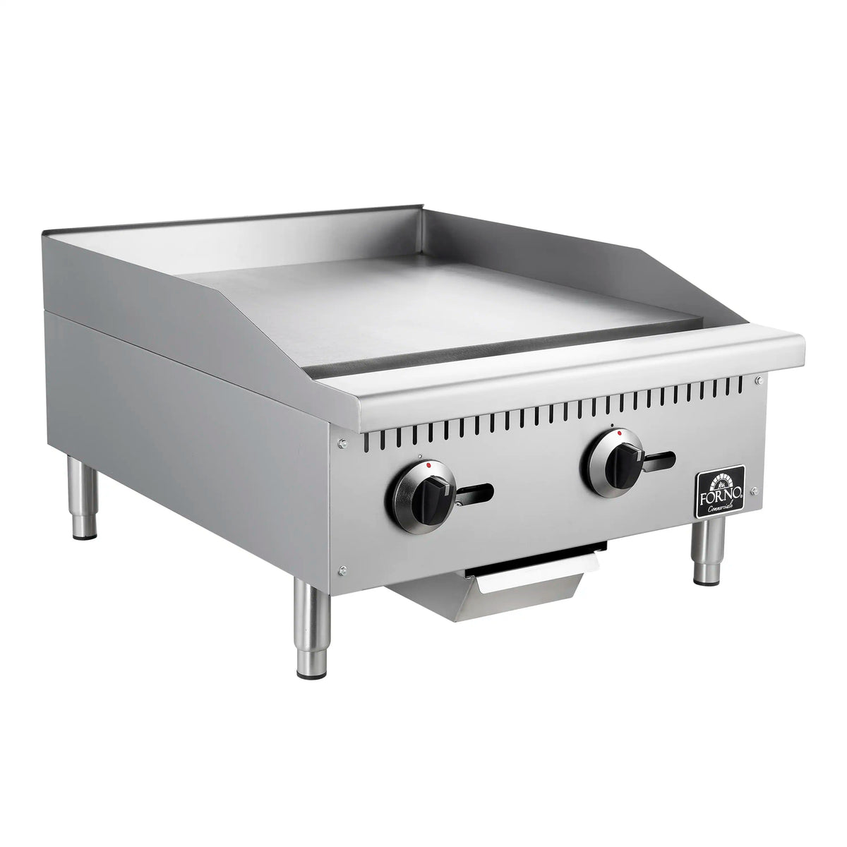 Stainless steel 24-inch gas griddle, side view with two knobs and grease drawer