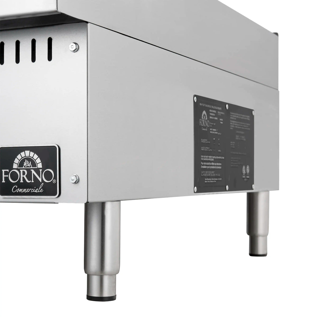 Stainless steel gas griddle side panel with rating label and four metal legs