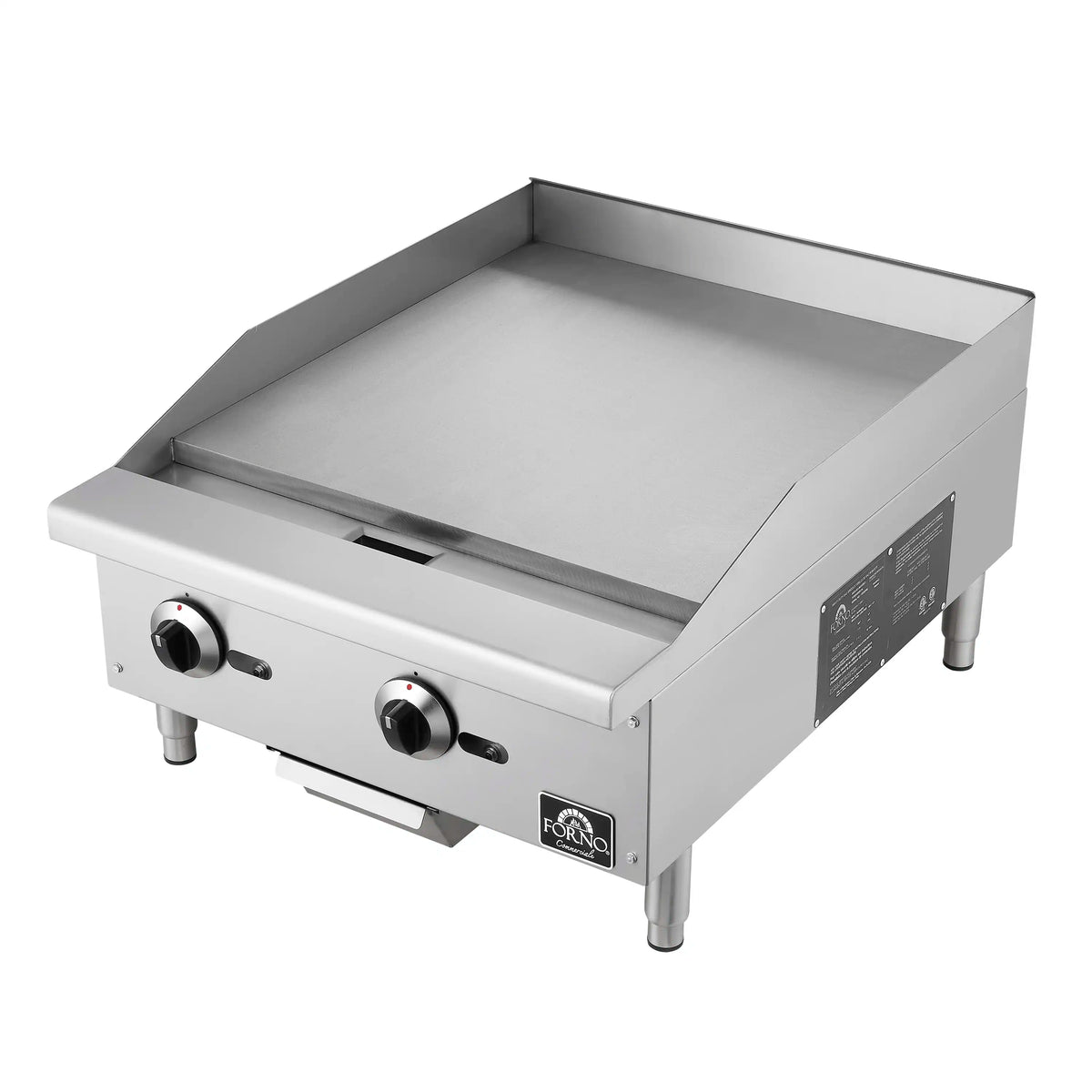 Stainless steel 24-inch gas griddle with open flat cooking surface and two front knobs