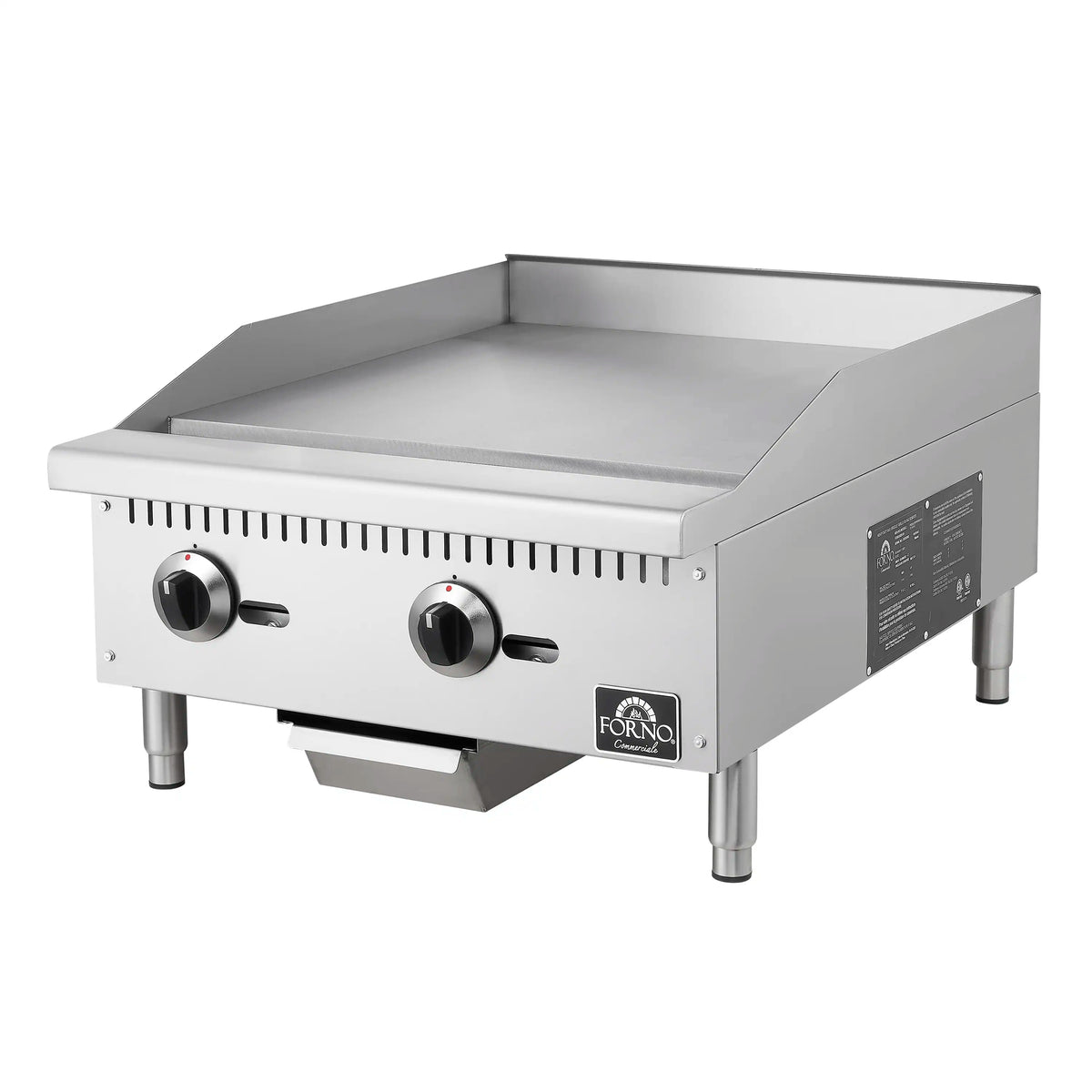Stainless steel 24-inch gas griddle, front three-quarter view with two knobs and grease tray