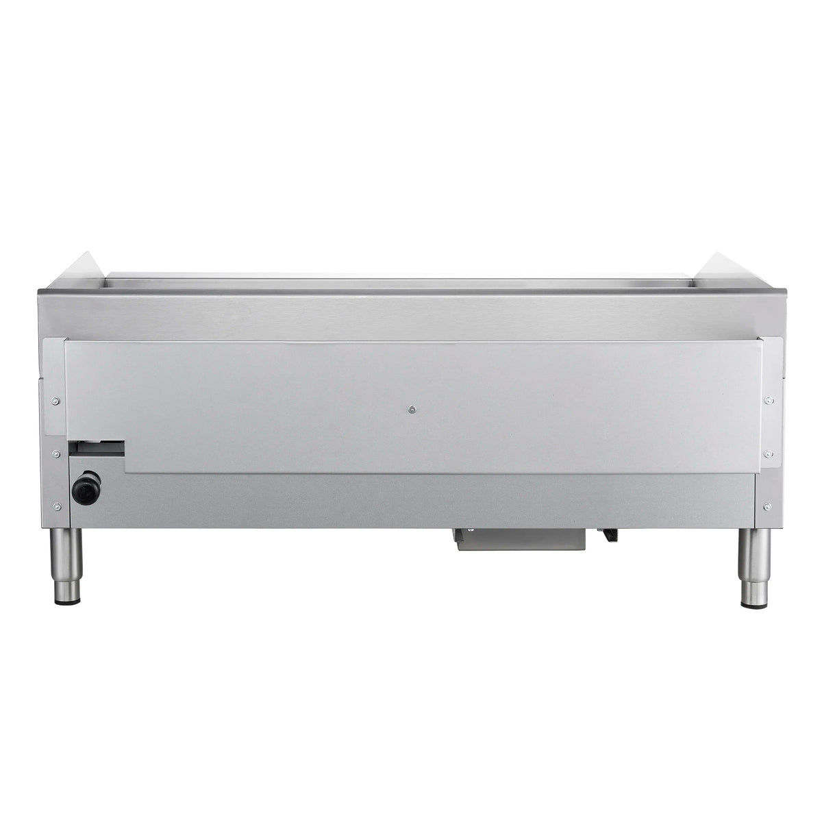Stainless steel gas griddle side profile with legs and rear control area