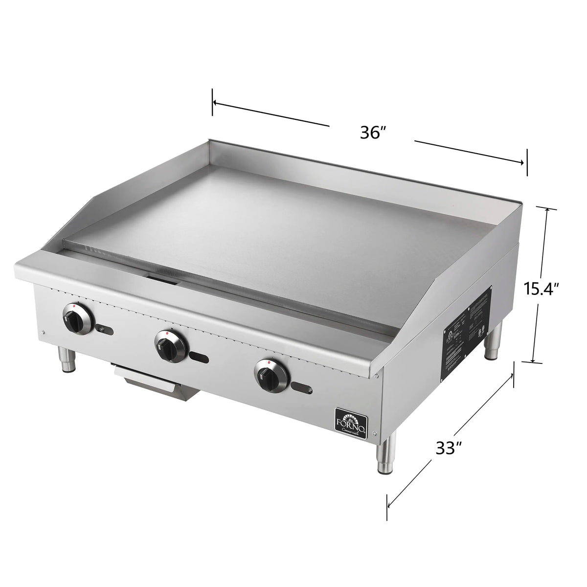 36-inch stainless steel gas griddle with flat cooking surface and three control knobs