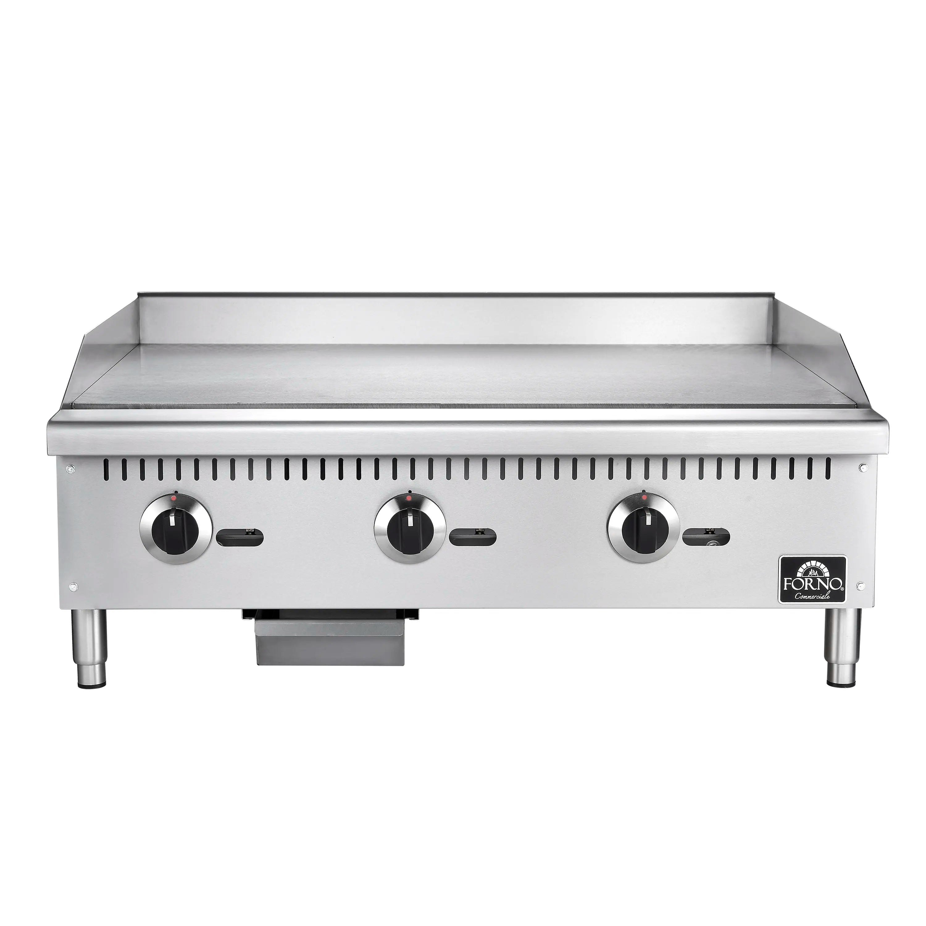Stainless steel gas griddle front view with three black knobs and drip area