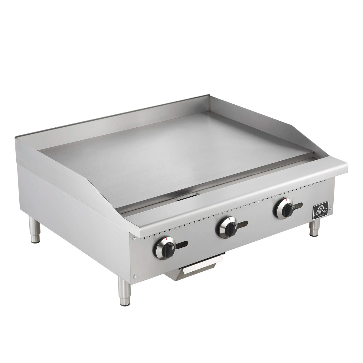 Stainless steel gas griddle with flat griddle top and front control knobs