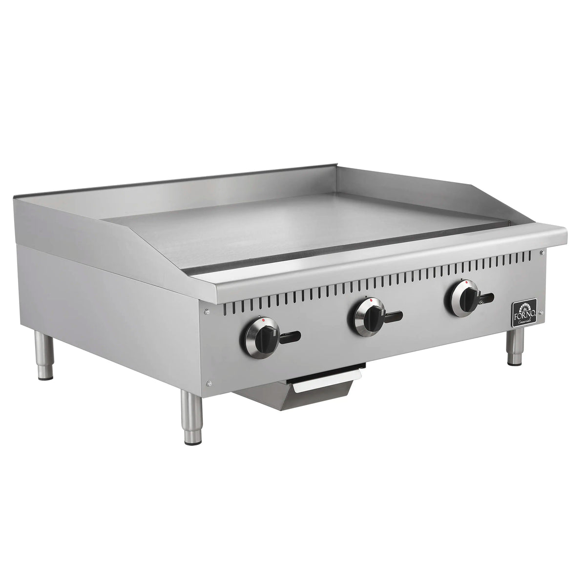 Stainless steel gas griddle with grease tray and three front control knobs