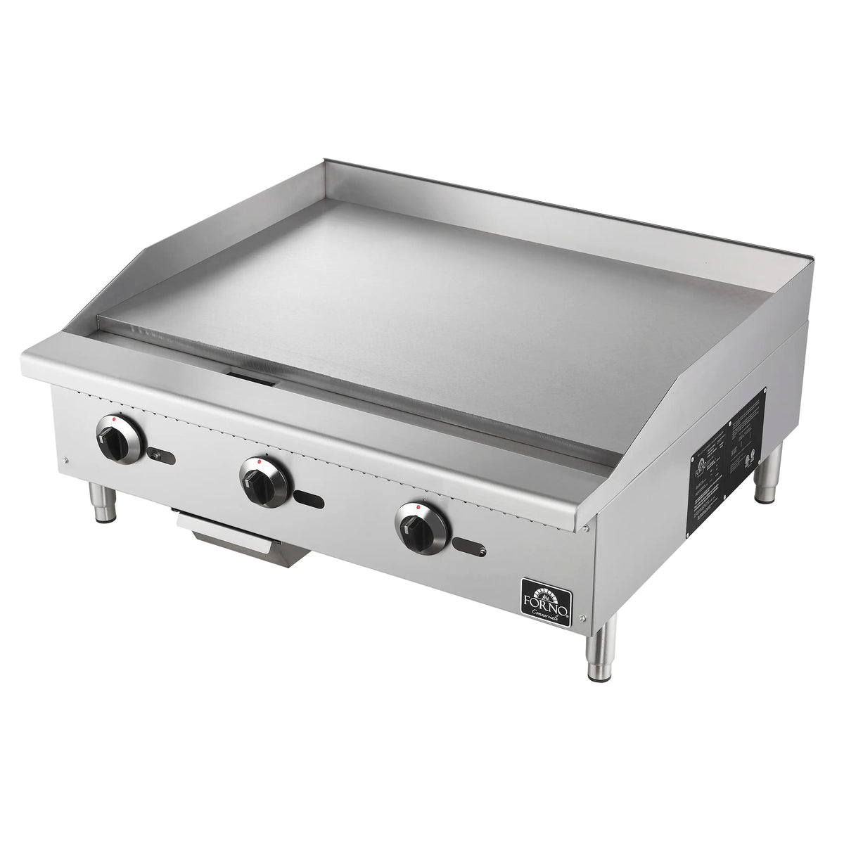 Stainless steel gas griddle angled view with three knobs and raised side walls