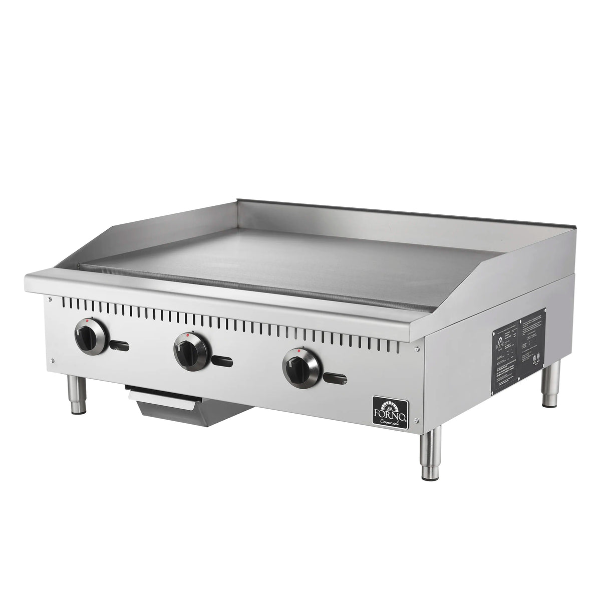 Stainless steel gas griddle side view with three control knobs and data label