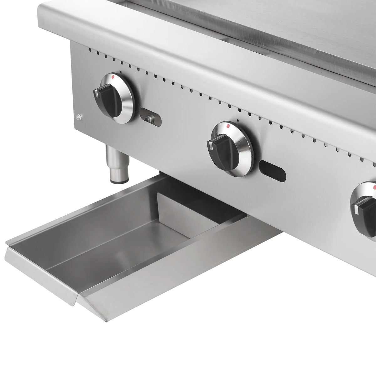 Griddle front with two knobs and open grease tray beneath the control panel