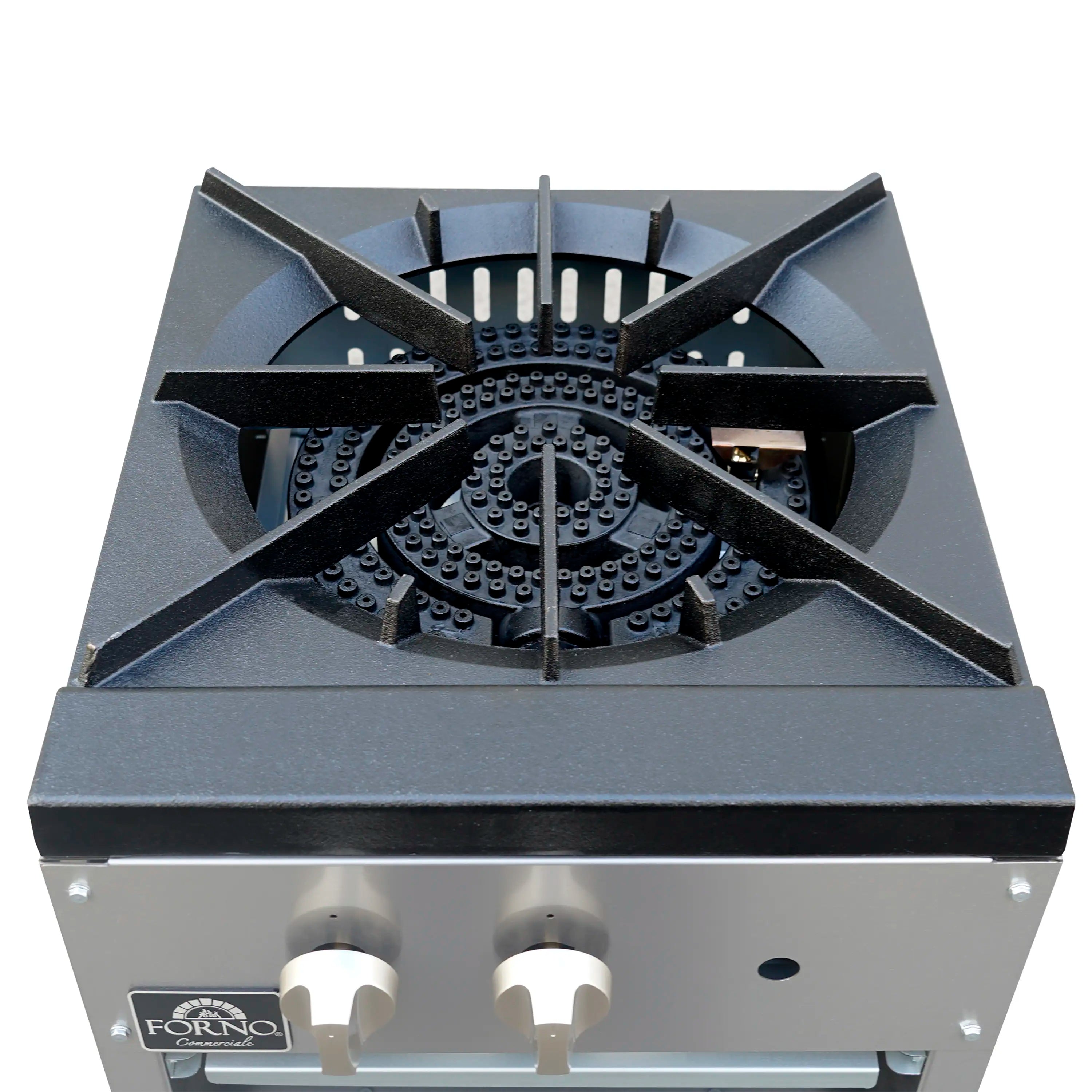 Cast iron burner grate top view on stainless steel gas stock pot range
