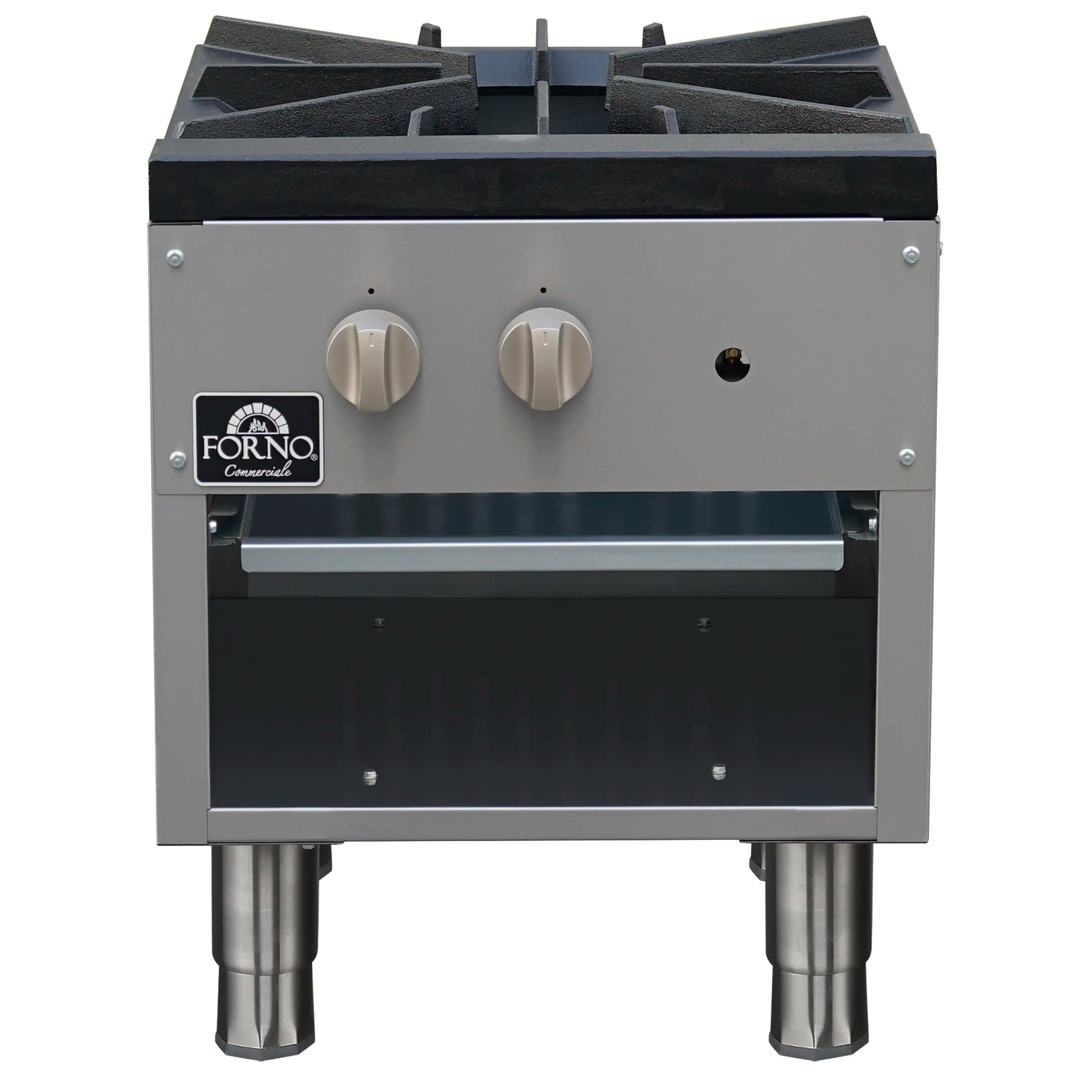 Stainless steel gas stock pot range with front panel controls and open storage compartment