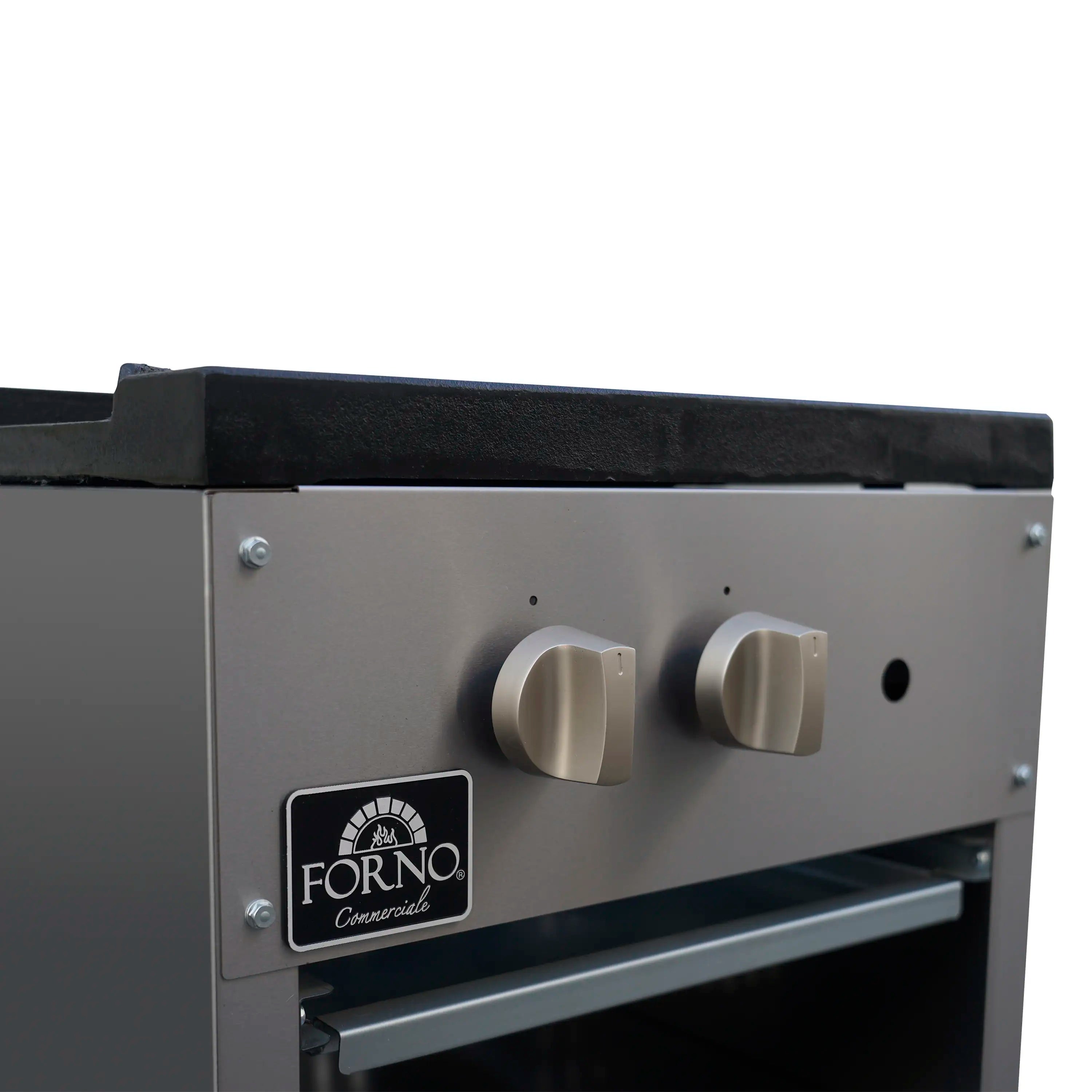 Stainless steel gas stock pot range control knobs with brand logo and front shelf
