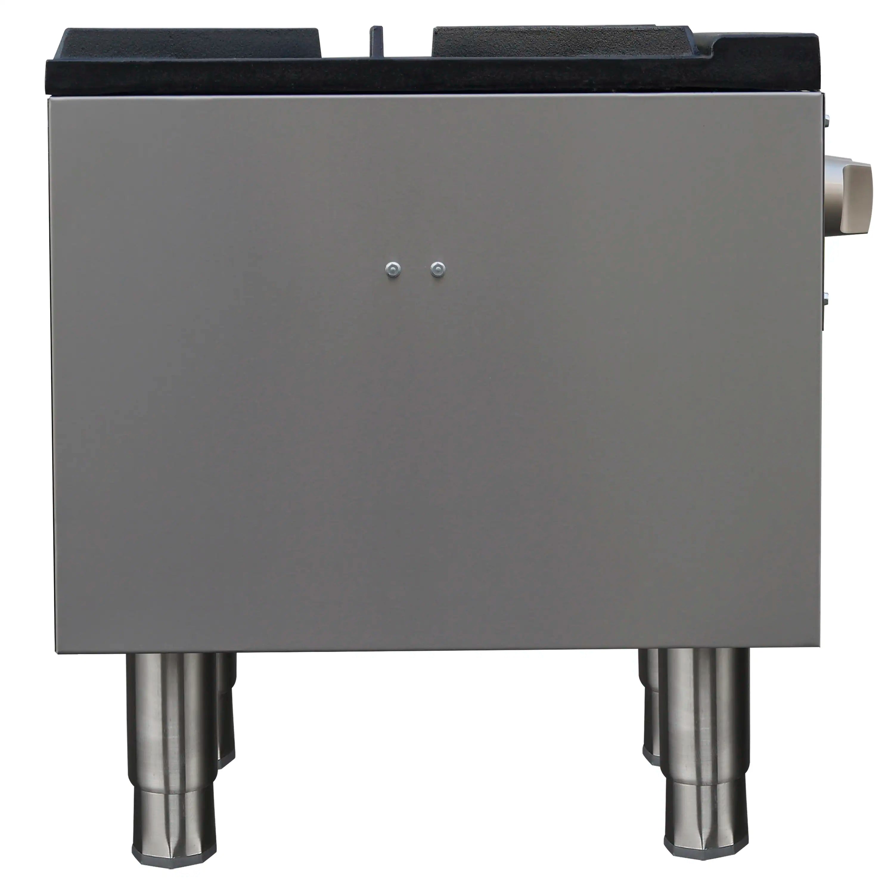 Stainless steel gas stock pot range rear side with gas connection outlet and legs