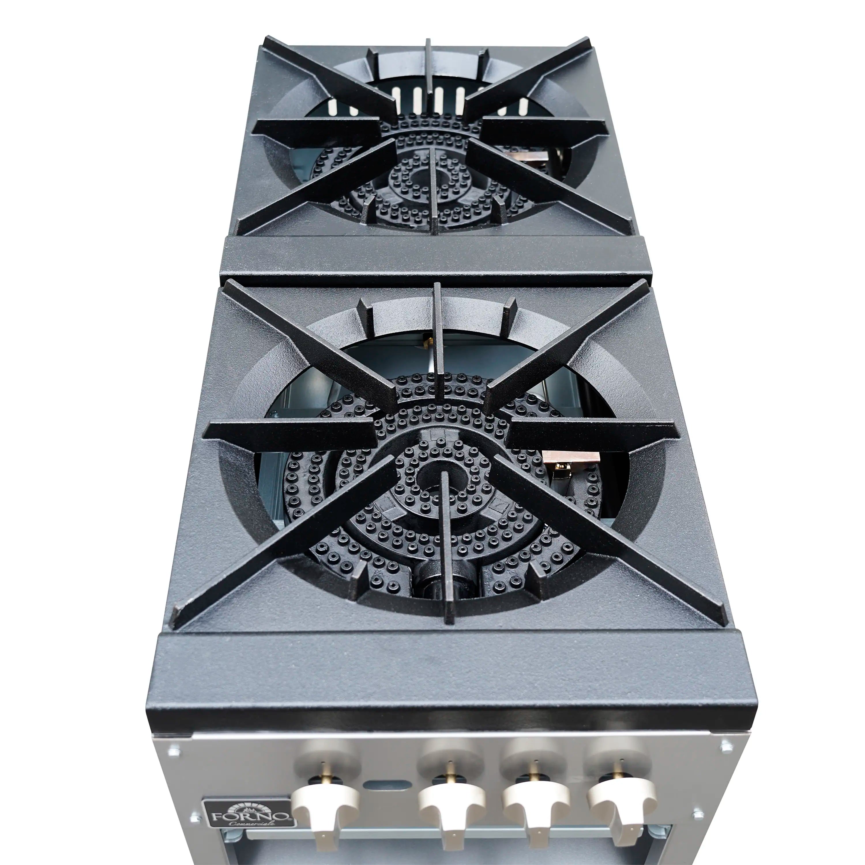 Commercial gas stock pot range top view with two black burners and cast iron grate supports