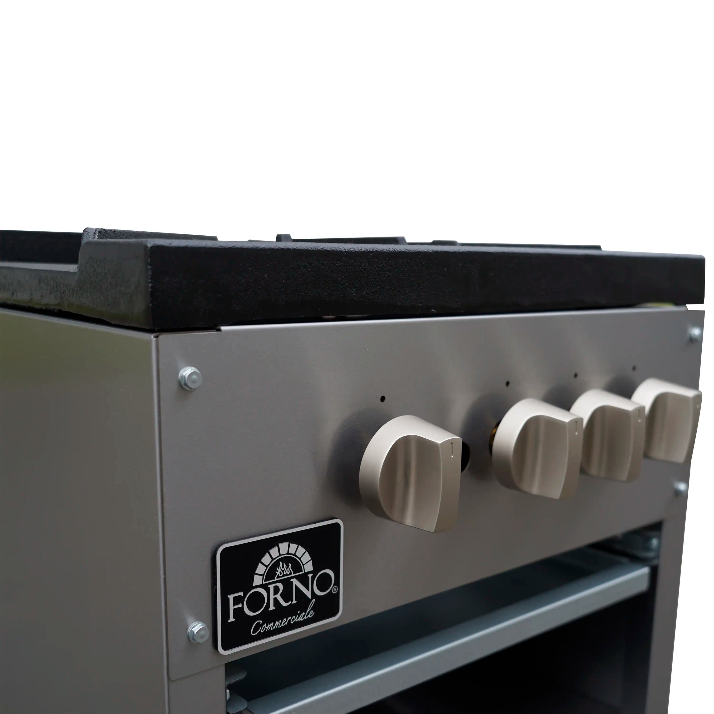 Commercial gas stock pot range close-up of stainless control knobs and FORNO label