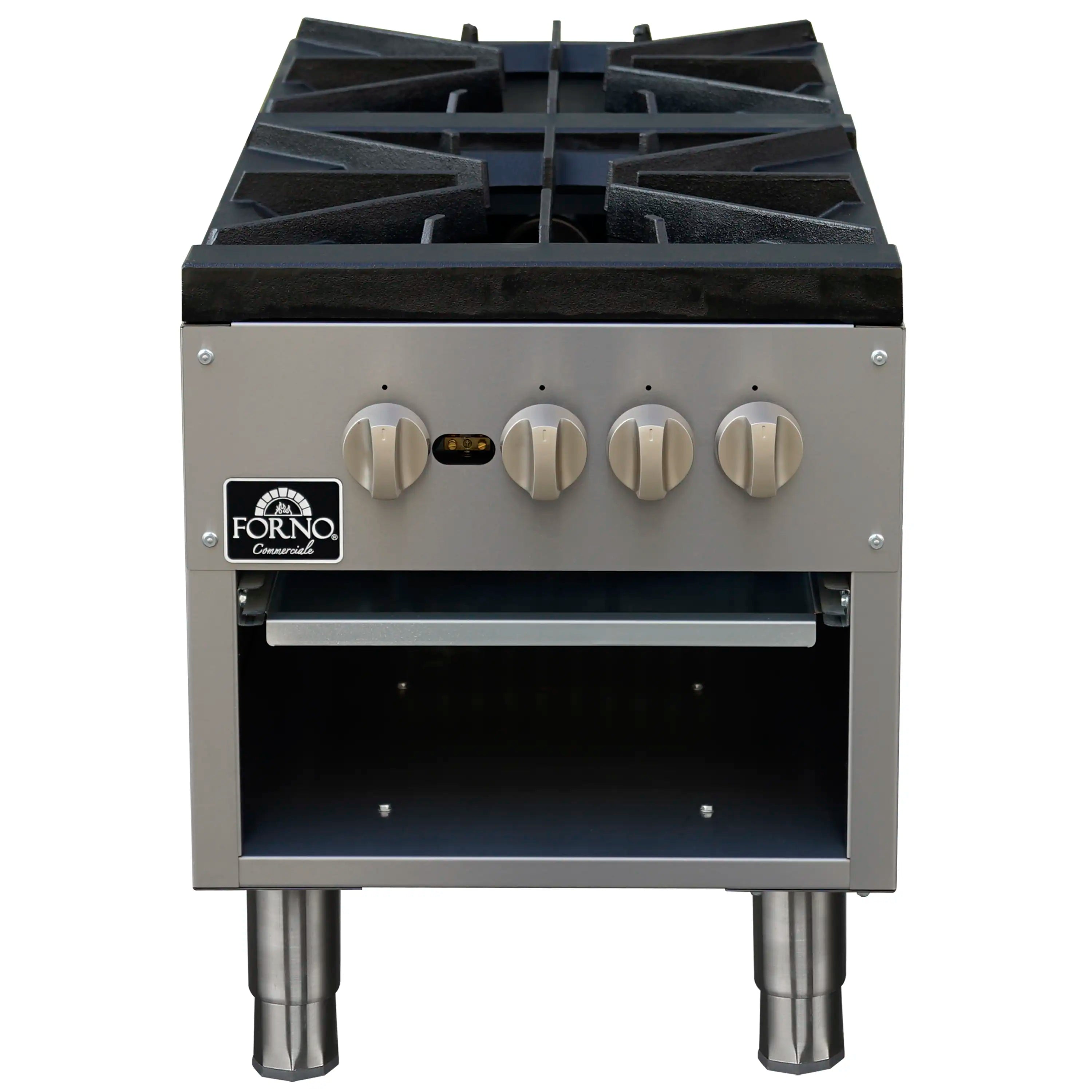 Commercial gas stock pot range front view with black cast iron grates and control knobs