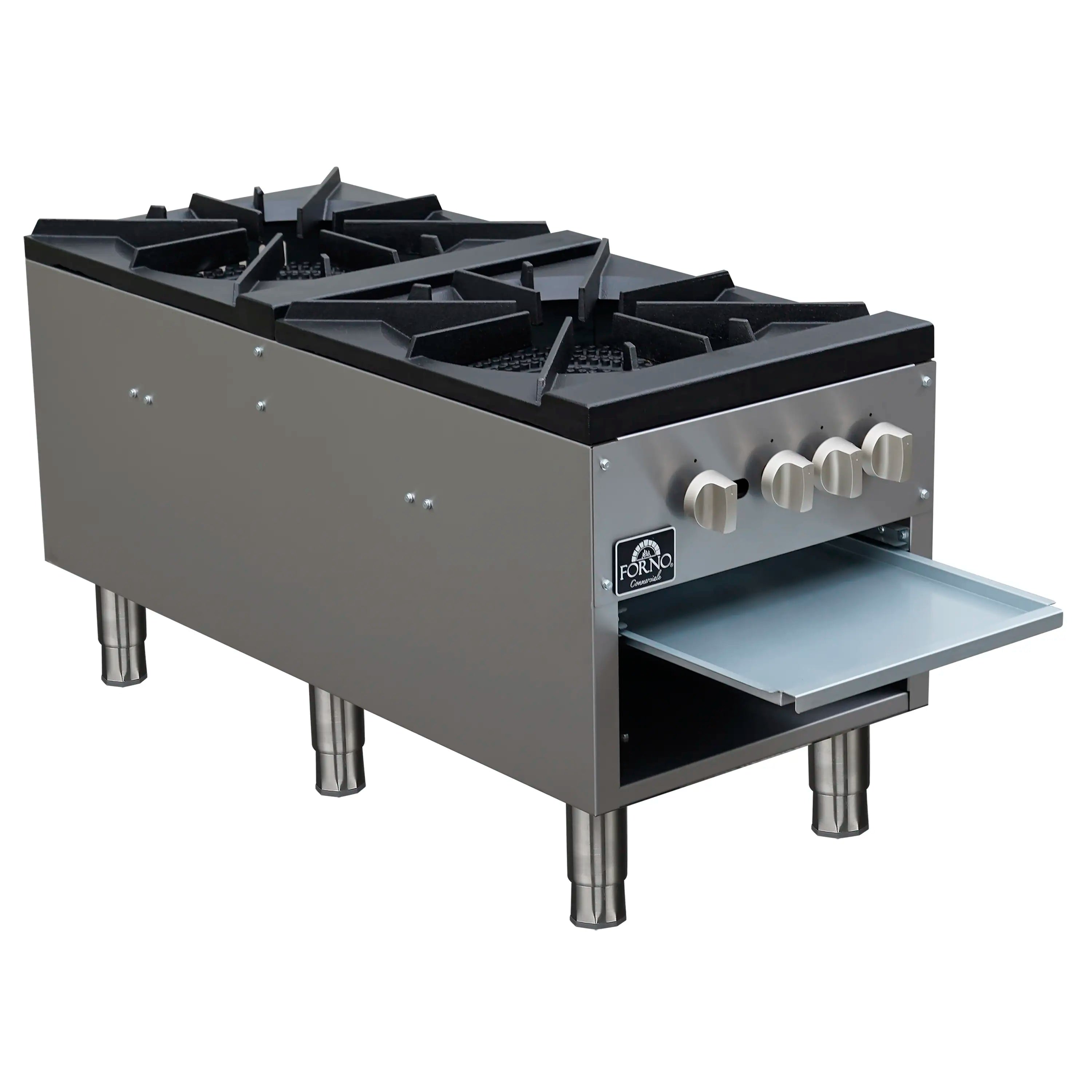 Commercial gas stock pot range side view with open storage drawer and stainless front