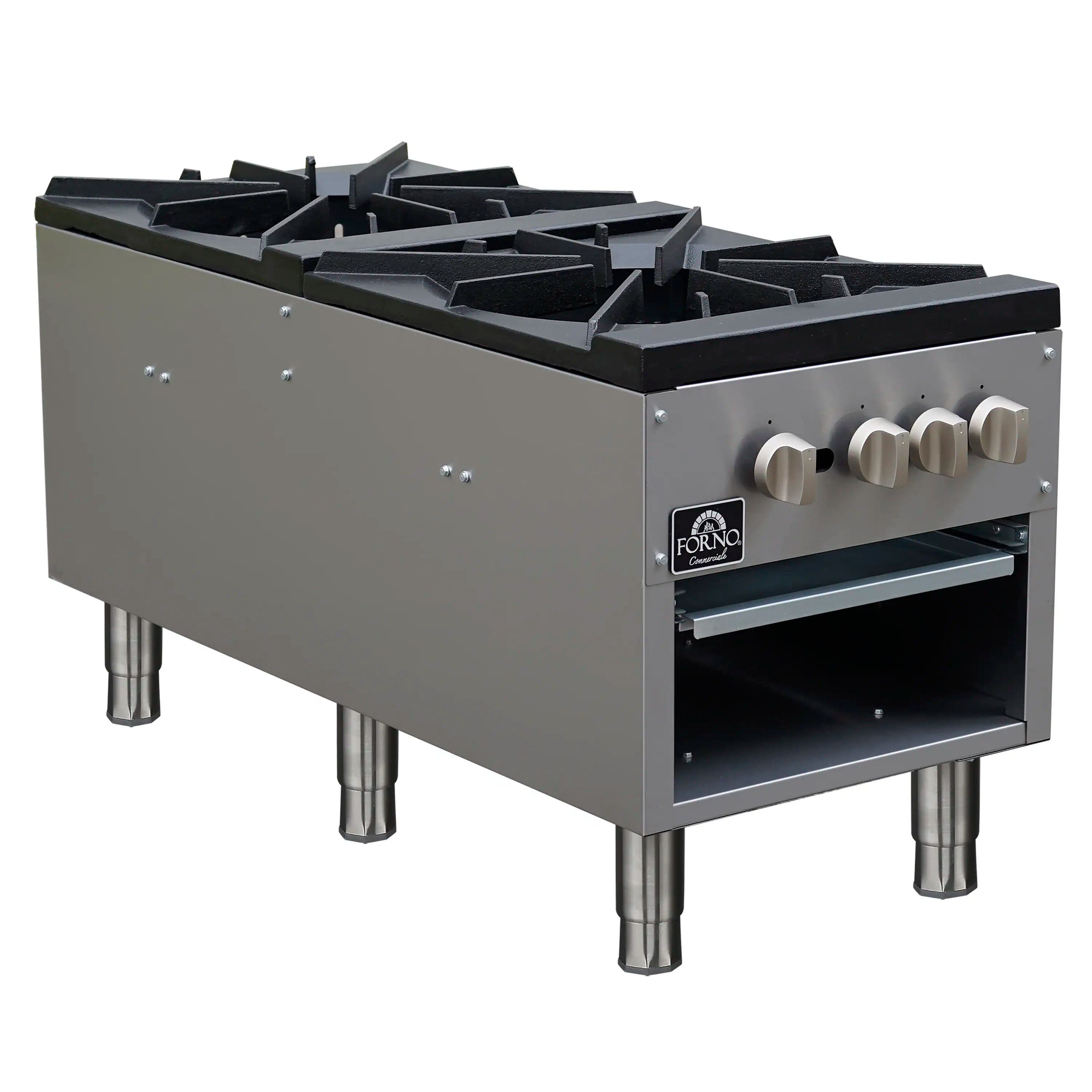 Commercial gas stock pot range angled side view with stainless body and control knobs