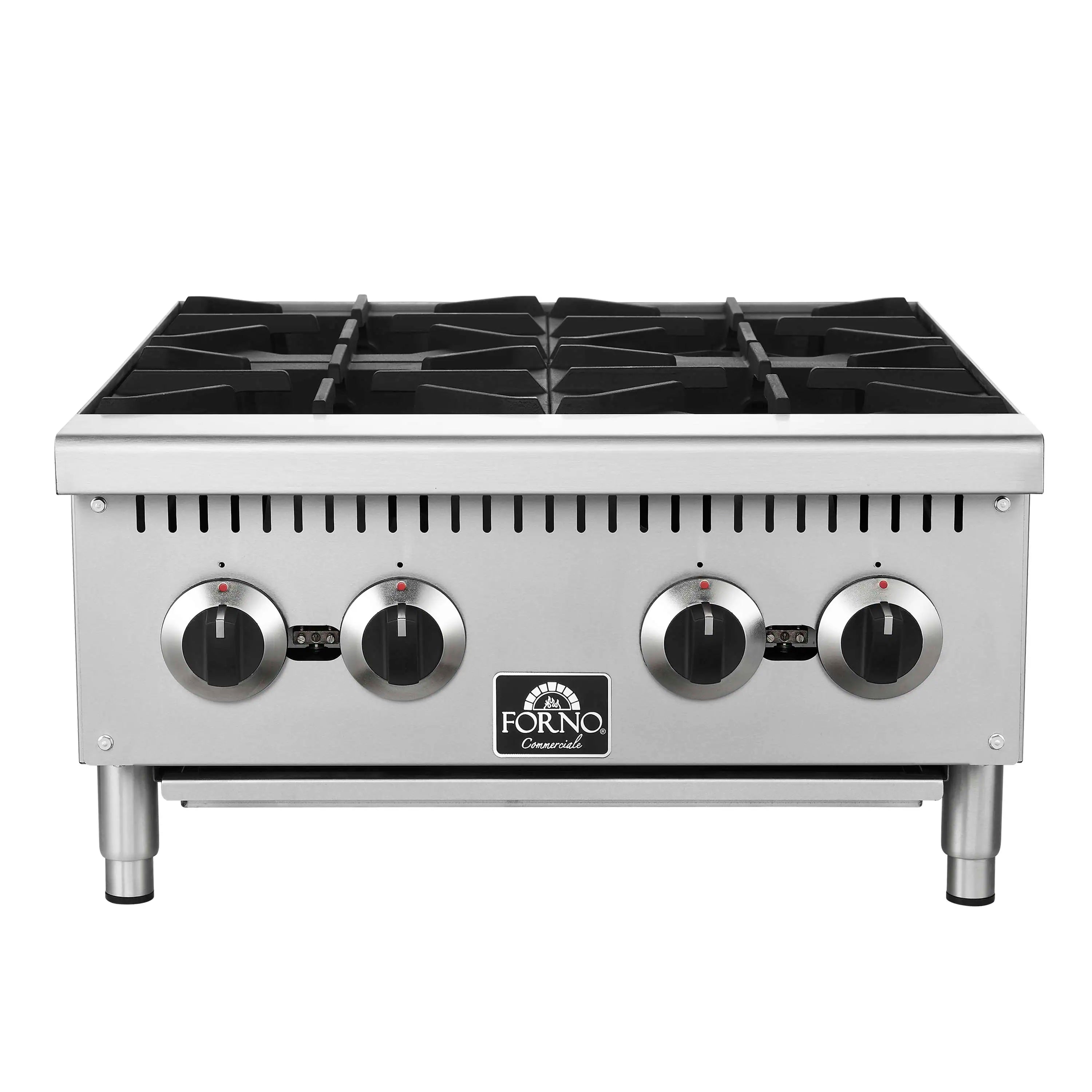 24-inch stainless steel gas hotplate with four black cast-iron burner grates and control knobs