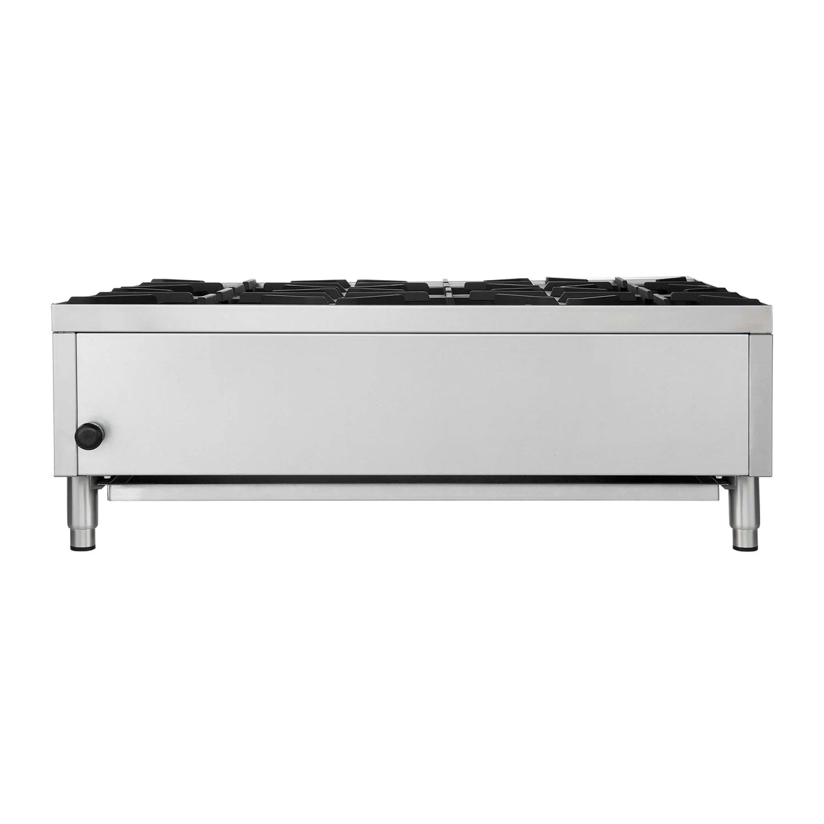 Stainless steel commercial gas hotplate with rear panel, black grate surface, and legs