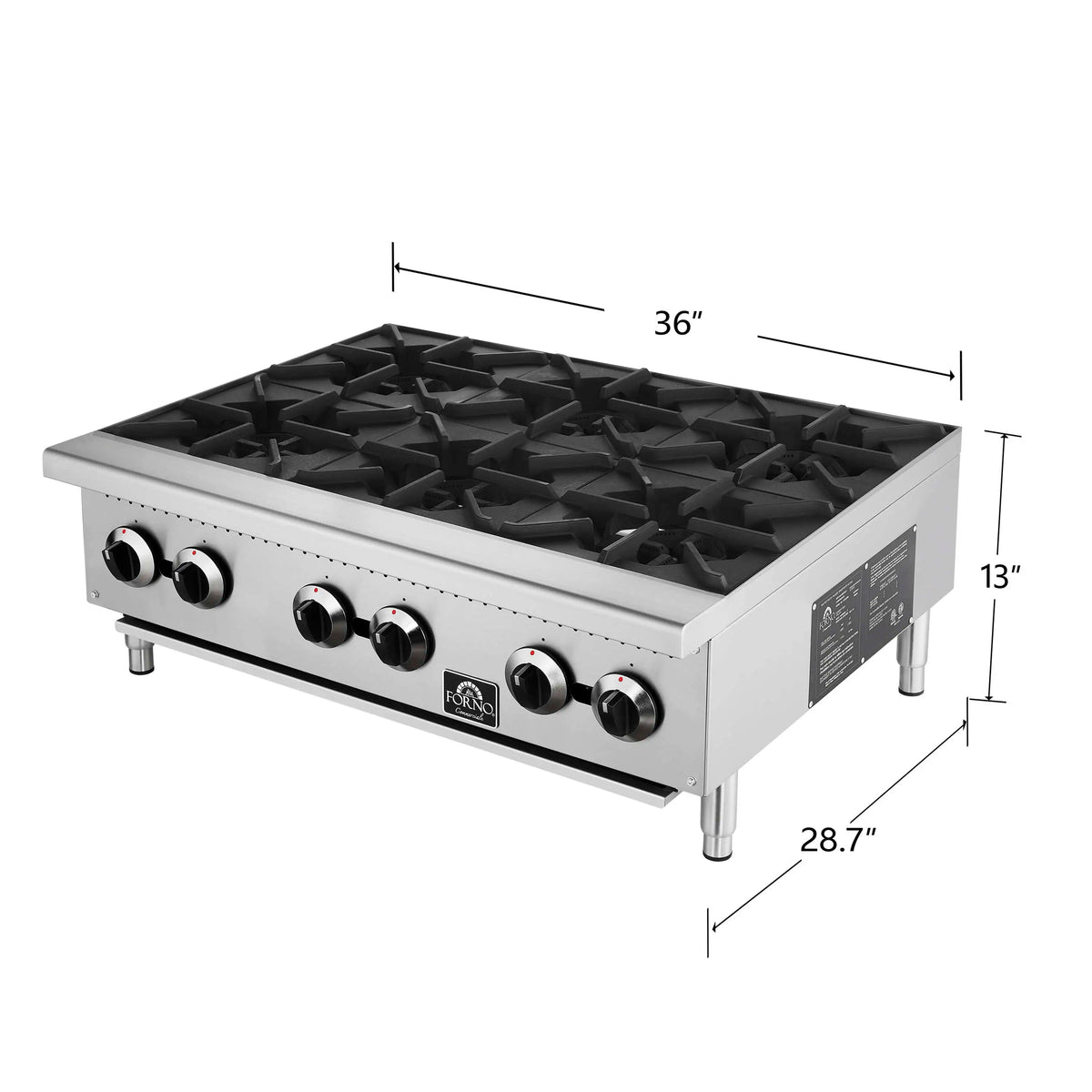 Stainless steel commercial gas hotplate front view with 36 in length dimensions