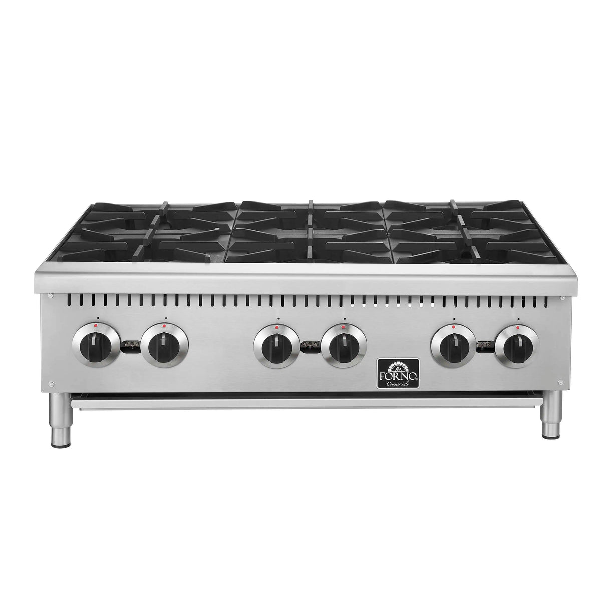 Stainless steel commercial gas hotplate with black grate surface and front burner control knobs