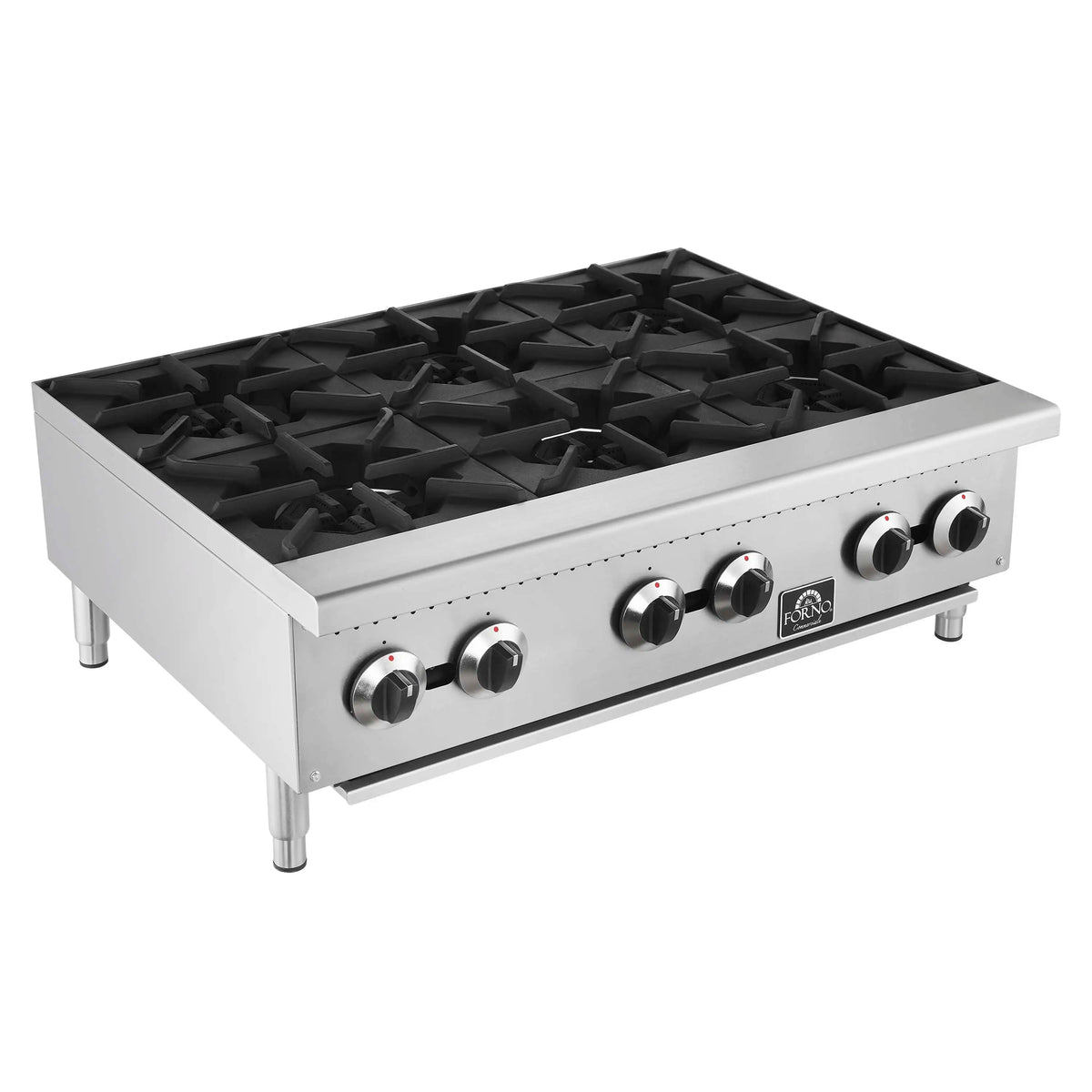 Stainless steel commercial gas hotplate with black cast-iron grates and front control knobs