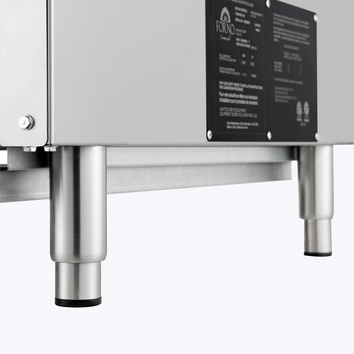 Stainless steel commercial gas hotplate with side panel, branding plate, and adjustable feet