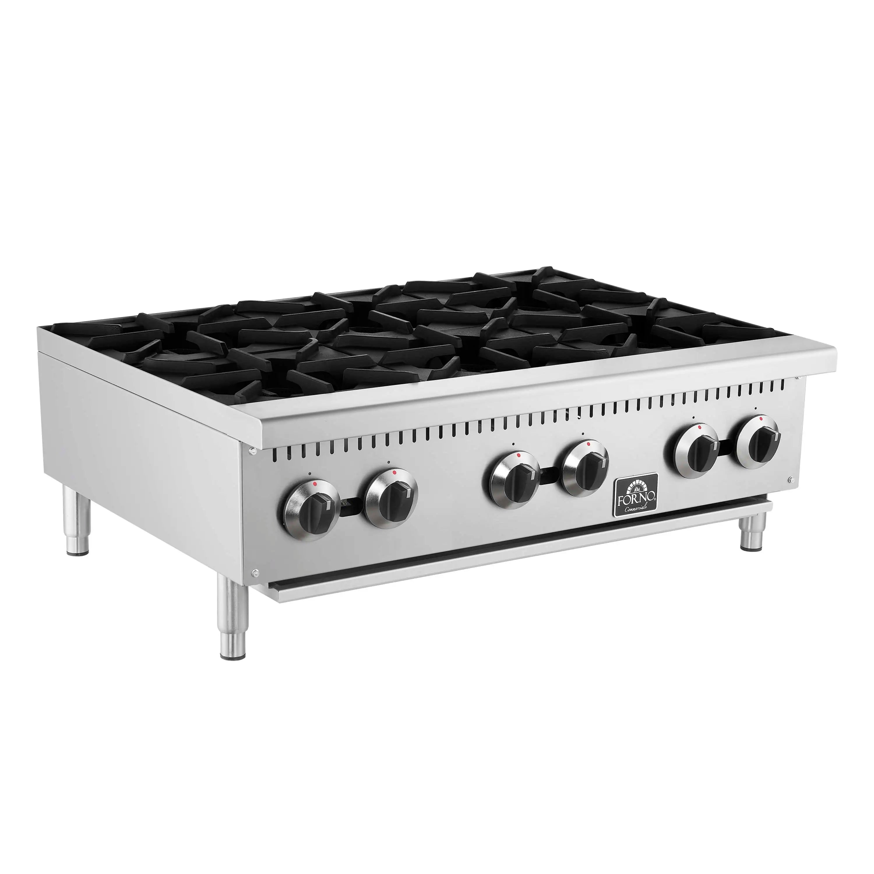 Stainless steel commercial gas hotplate with black grates and five front burner control knobs
