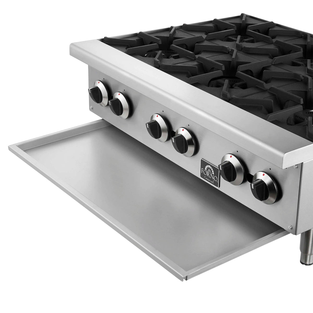 Stainless steel commercial gas hotplate with side shelf and black burner control knobs