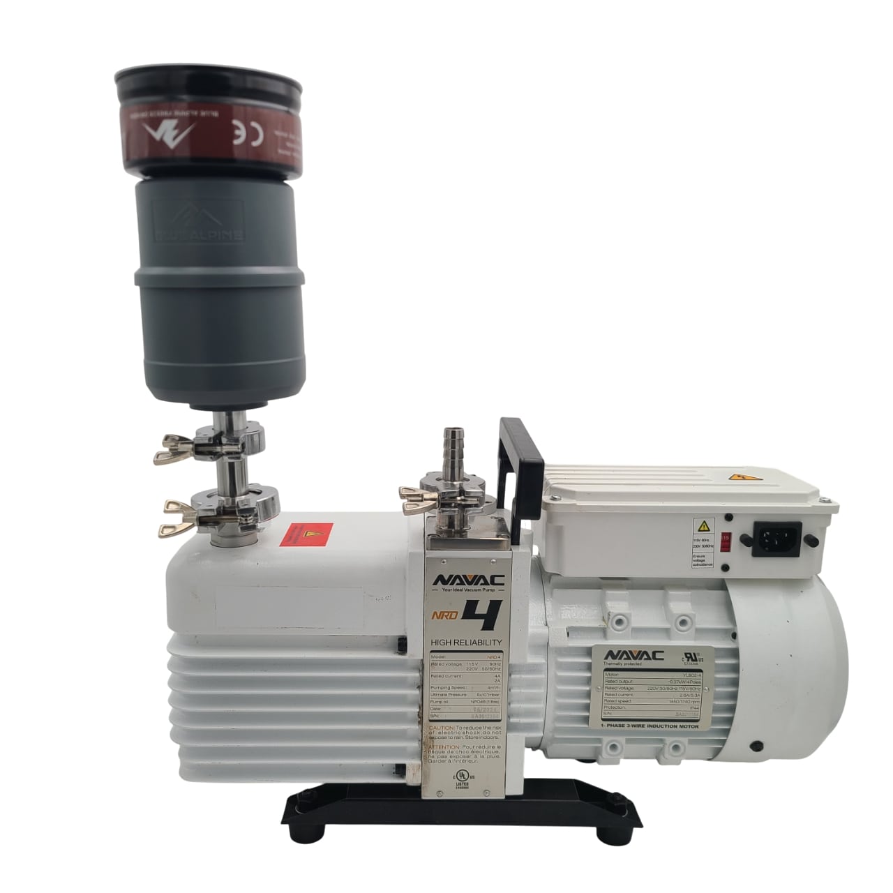 White vacuum freeze dryer with black ports and mounted vacuum pump module
