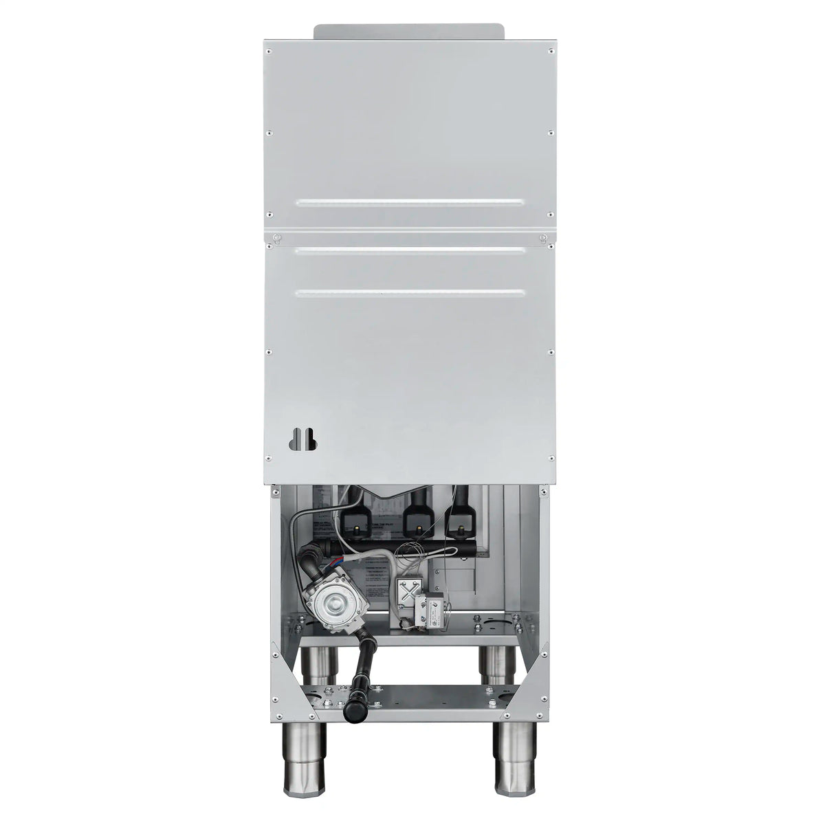Commercial propane deep fryer rear panel with internal gas burner system exposed