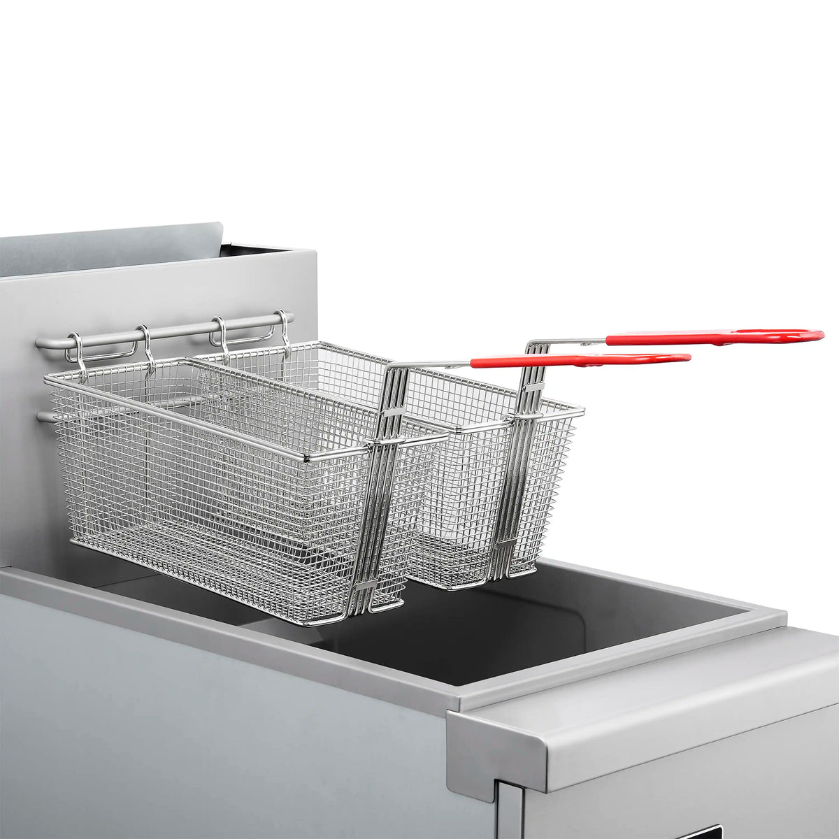 Commercial deep fryer with two wire baskets and red-handled lifting tool in tank