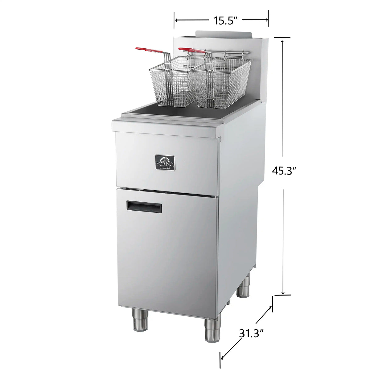 Commercial propane deep fryer with stainless steel body and two wire fry baskets