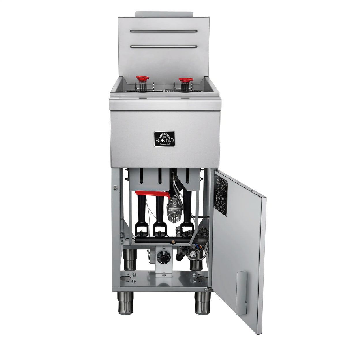 Commercial propane deep fryer with front panel open, burner area and controls visible