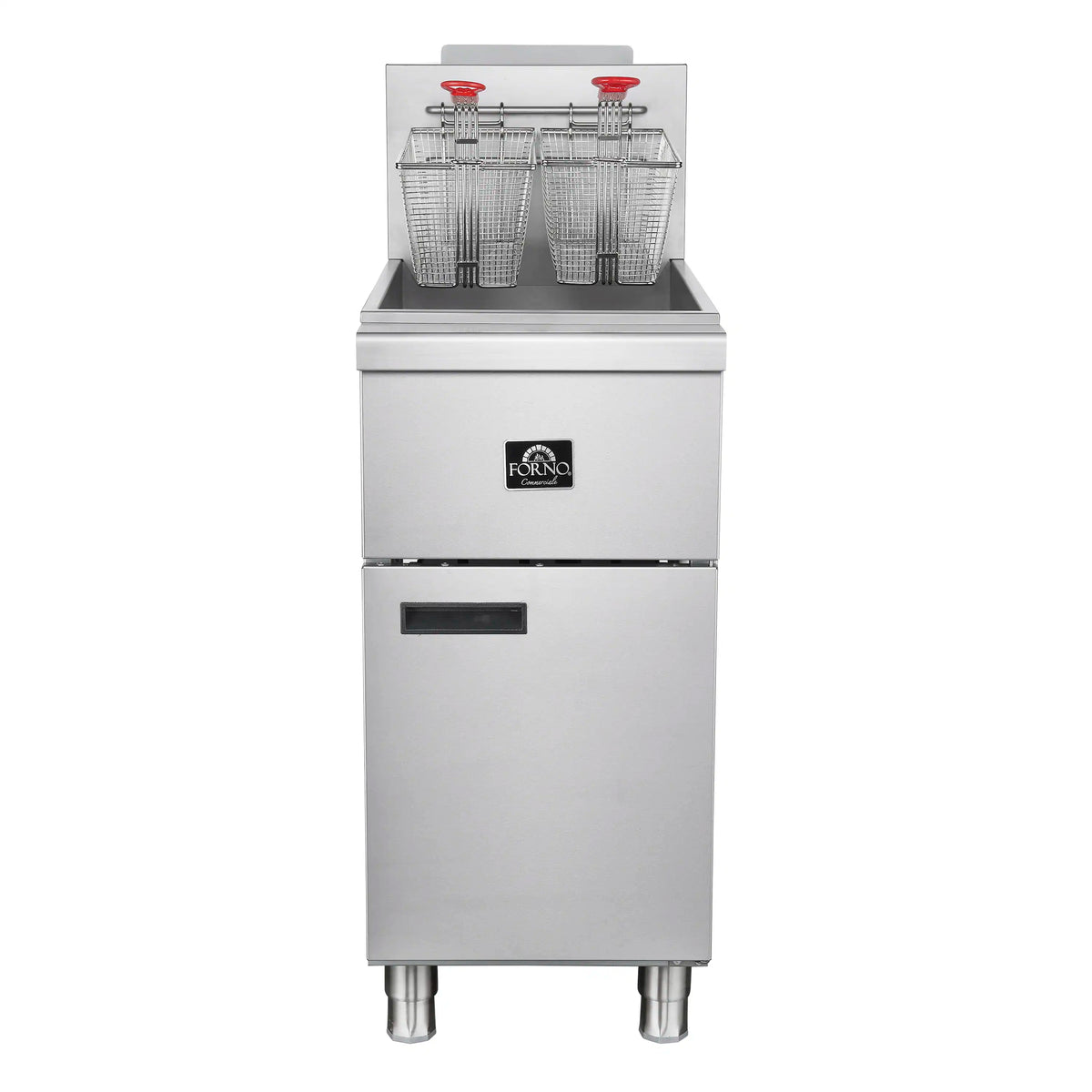 Commercial propane deep fryer front view with two wire fry baskets and control panel