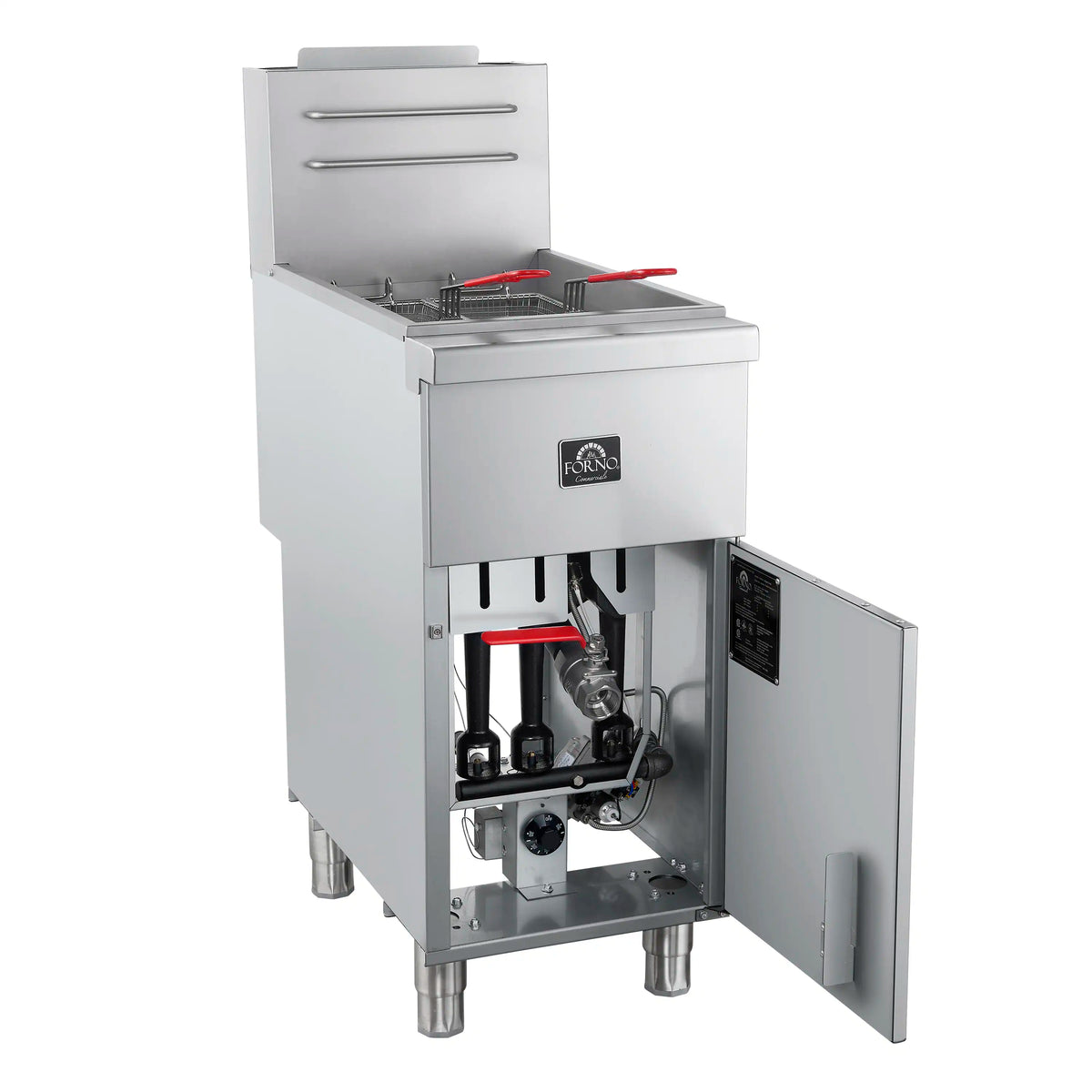 Commercial propane deep fryer front side open, internal components and hoses visible