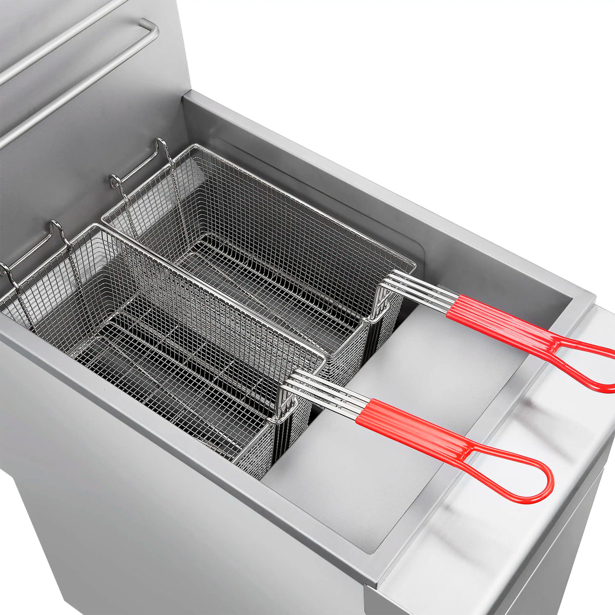Commercial fryer tank with wire baskets and red-handled lift tools inside