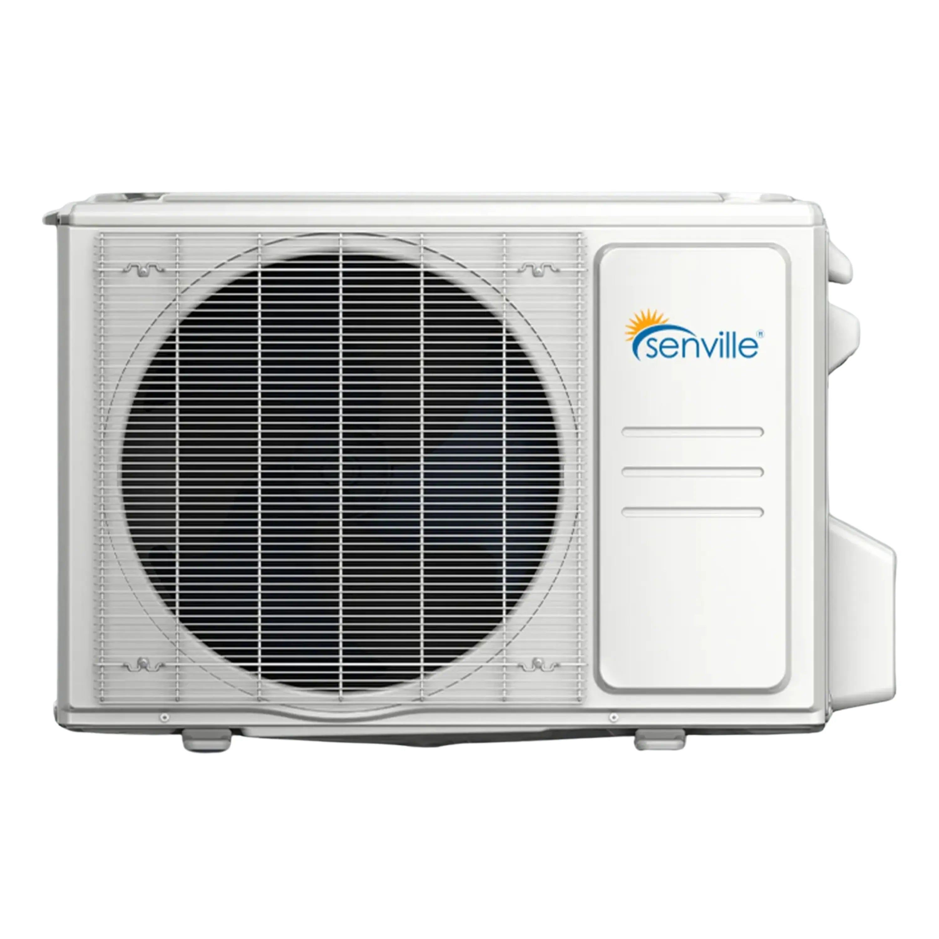 Front view of outdoor mini split condenser, white casing with circular fan grille