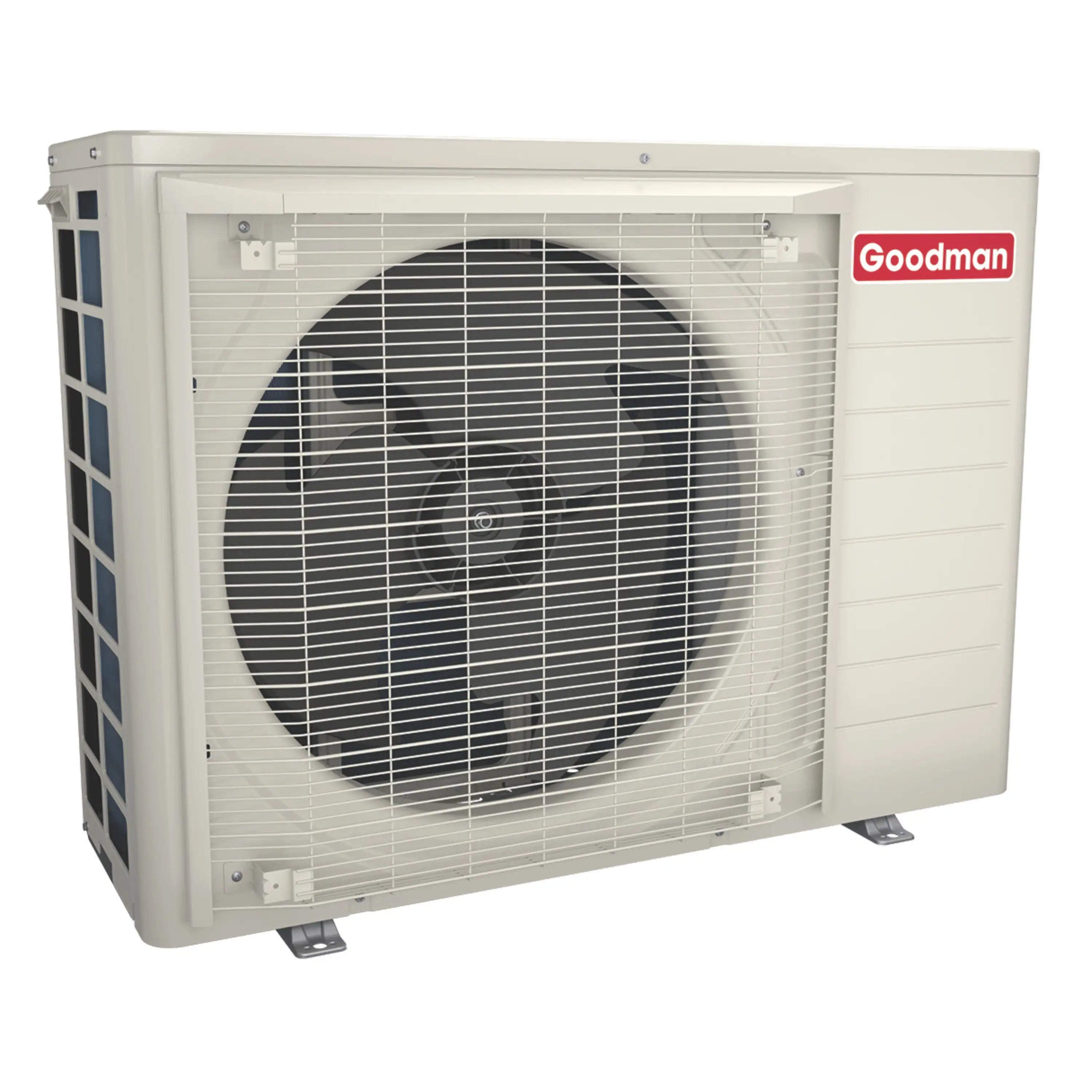 Outdoor Goodman heat pump condenser with large fan grille, white casing