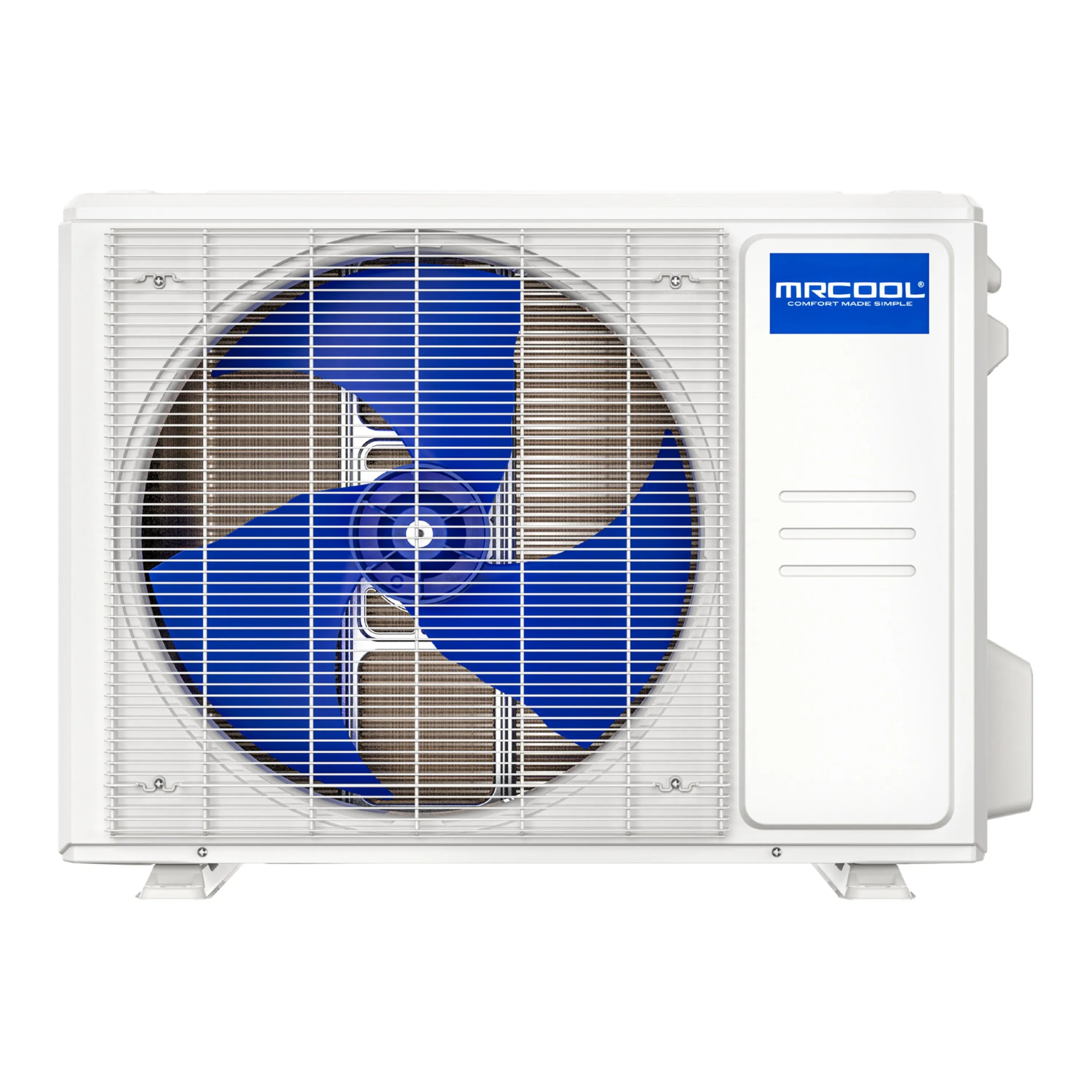 Ductless mini split condenser unit, white outdoor AC heat pump with circular fan grille