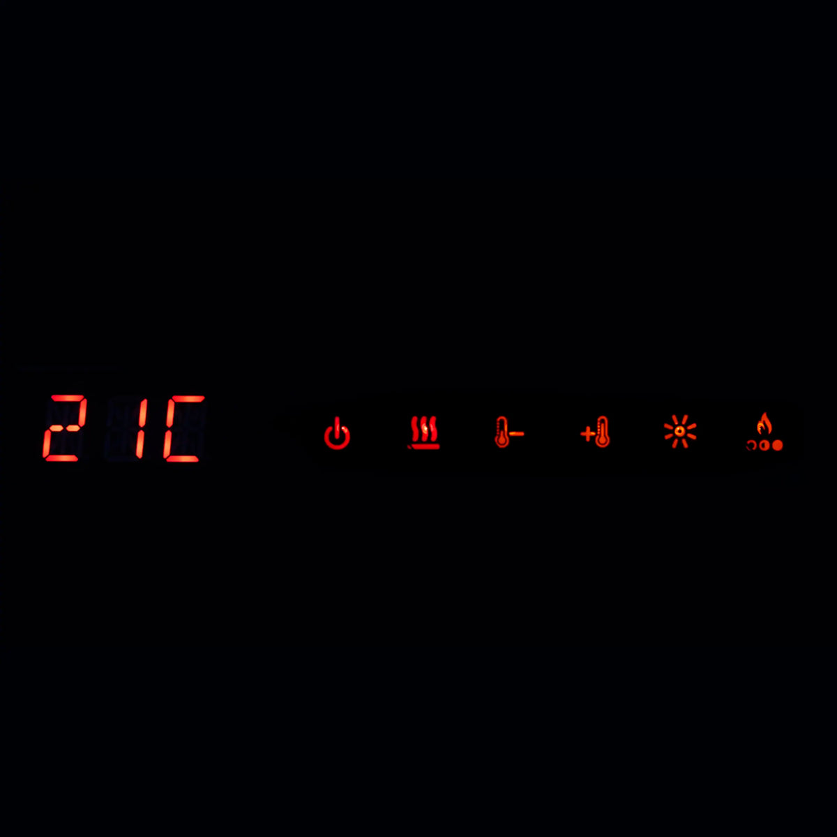 Electric fireplace control panel with red 2:16 time display and flame setting icons
