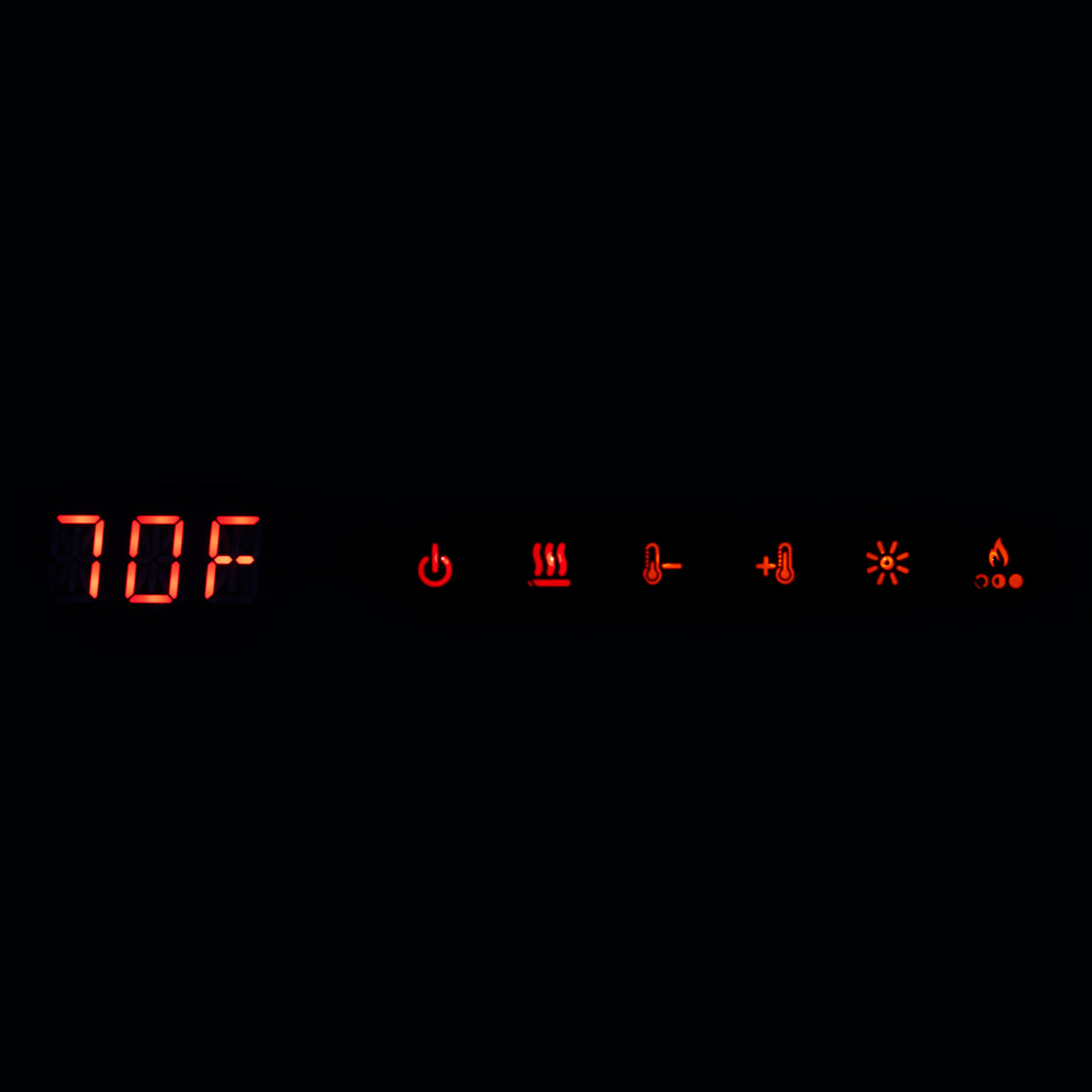Electric fireplace control panel showing 70°F on red LED with flame and heat settings