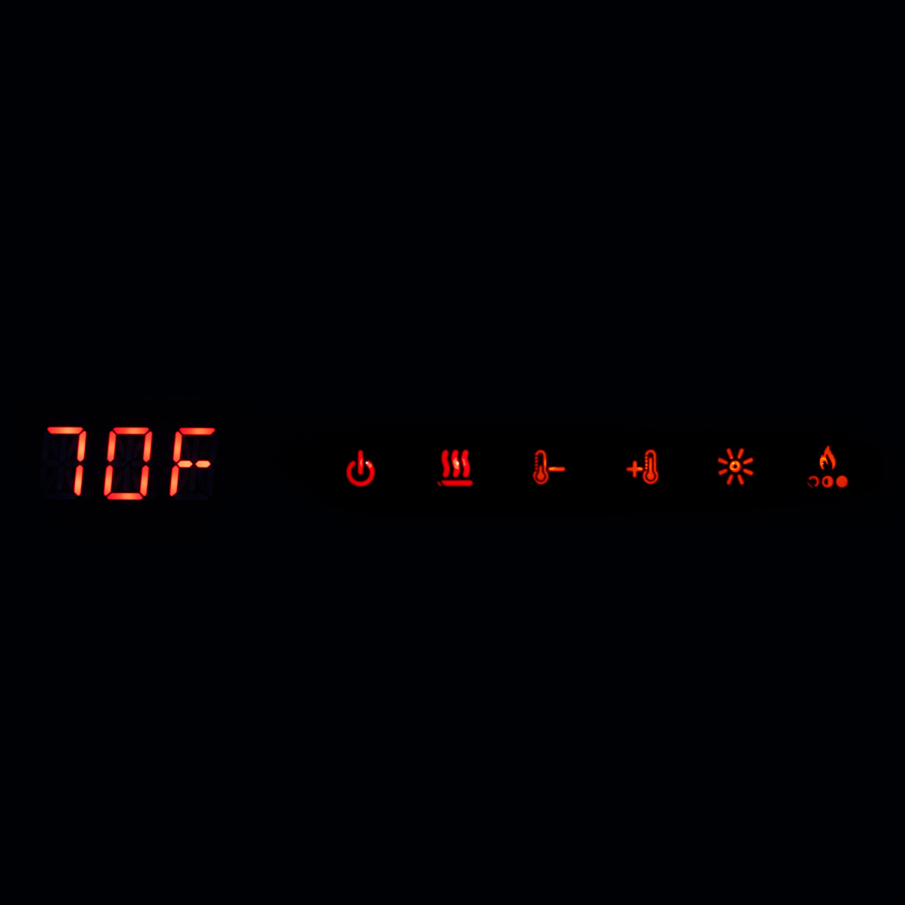 Electric fireplace remote display with 70°F and glowing control icons