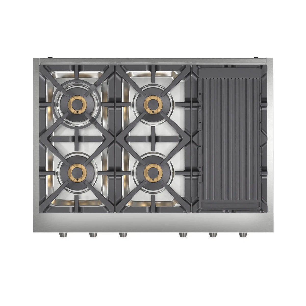 Open-frame view of stainless gas rangetop with four burners and integrated grill griddle