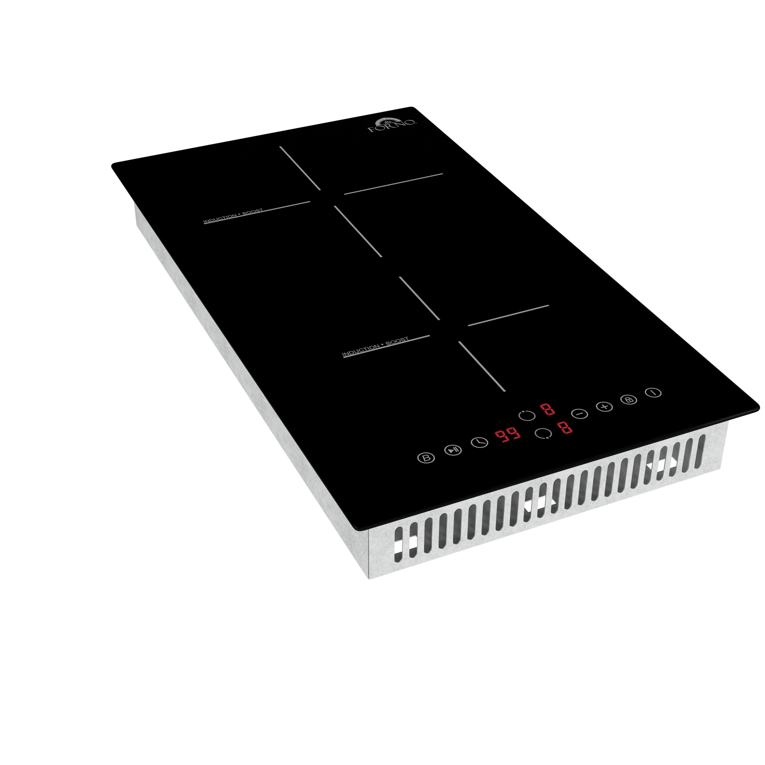 12-inch induction cooktop top view with heating zones and red touch power indicators
