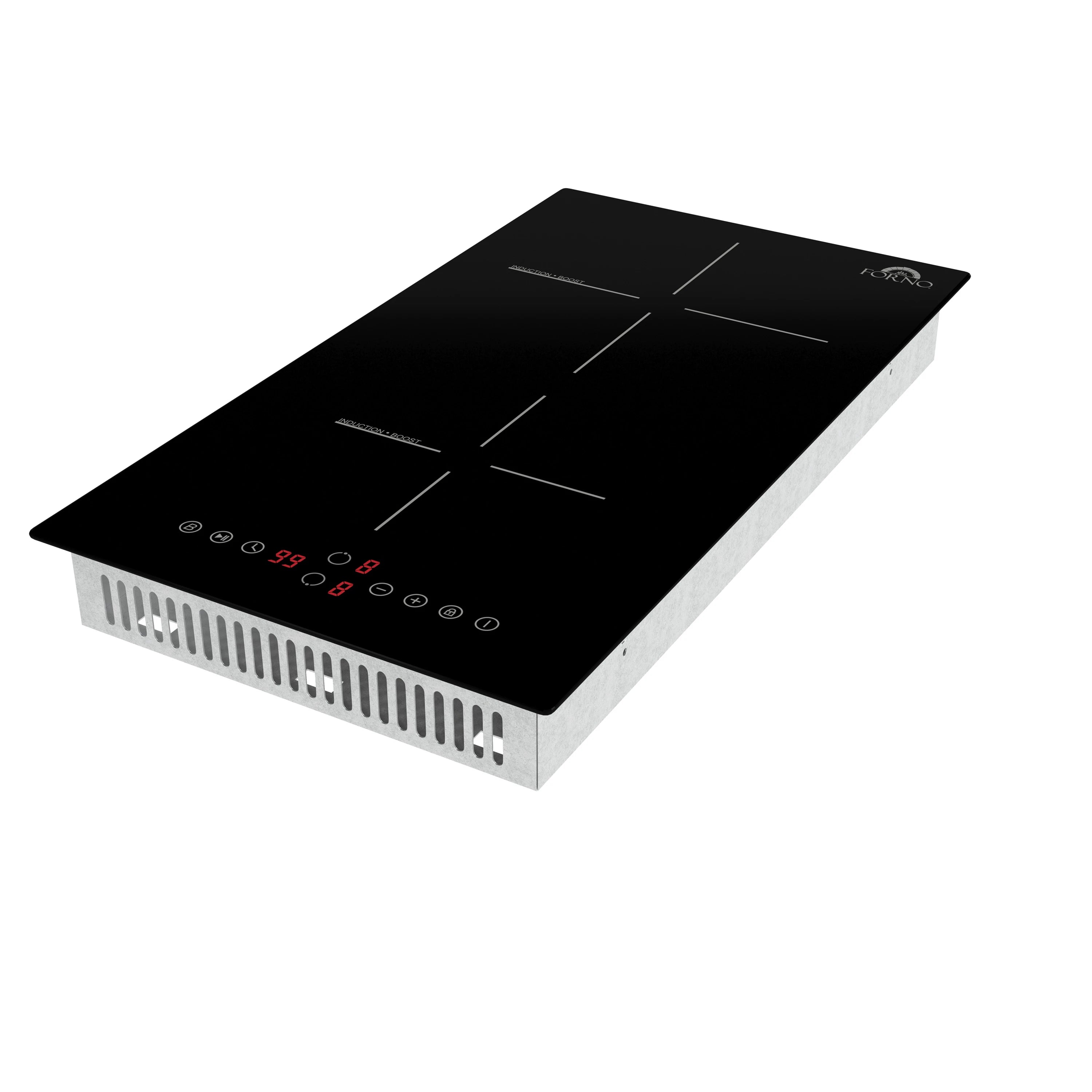 12-inch induction cooktop angled view with black glass, side vents, and touch controls