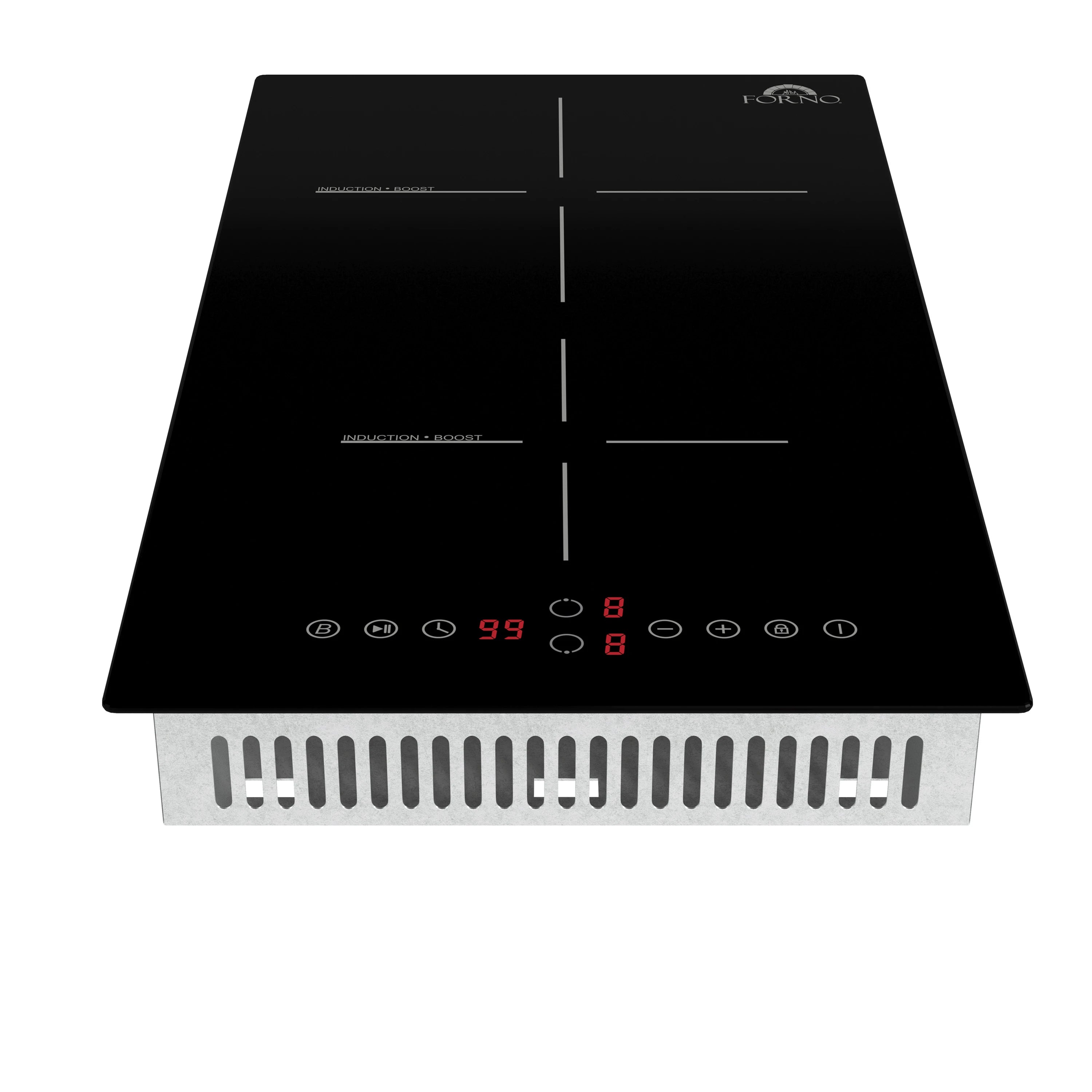 12-inch induction cooktop with black glass surface and touch control LEDs, two zones