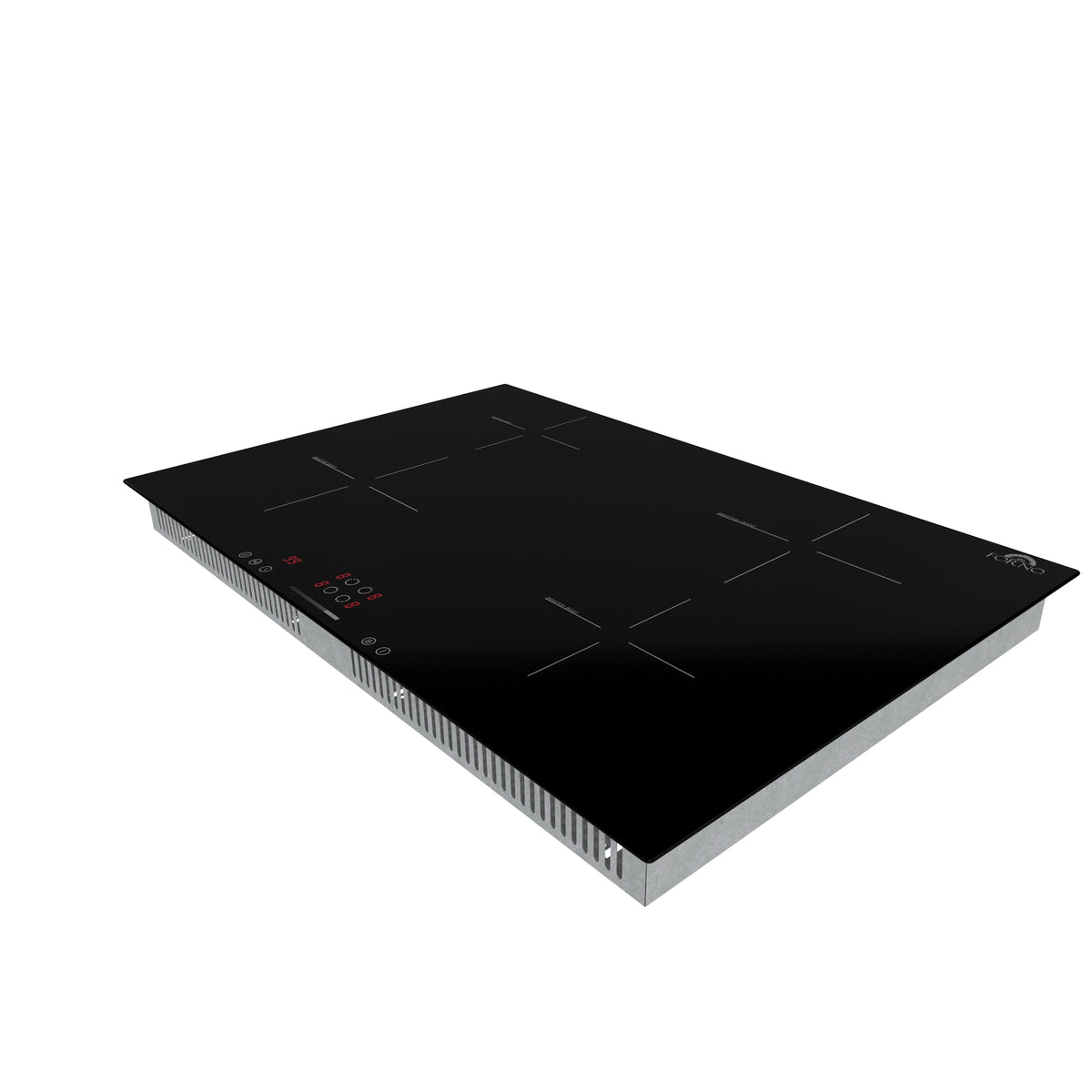 Black induction cooktop with angled view, vented edges, and touch control panel